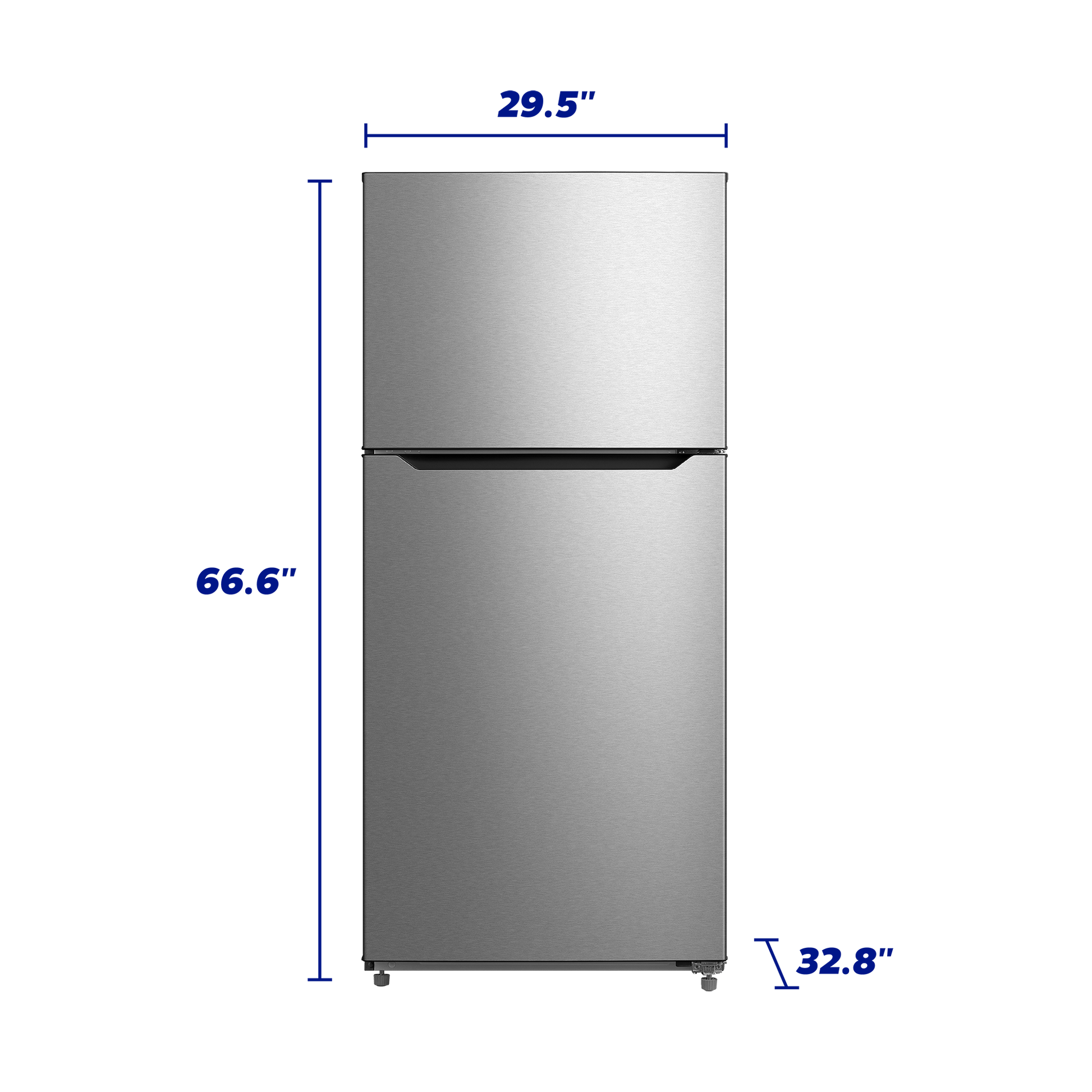 Front view of stainless steel top freezer refrigerator with dimensions for kitchen and appliances collection