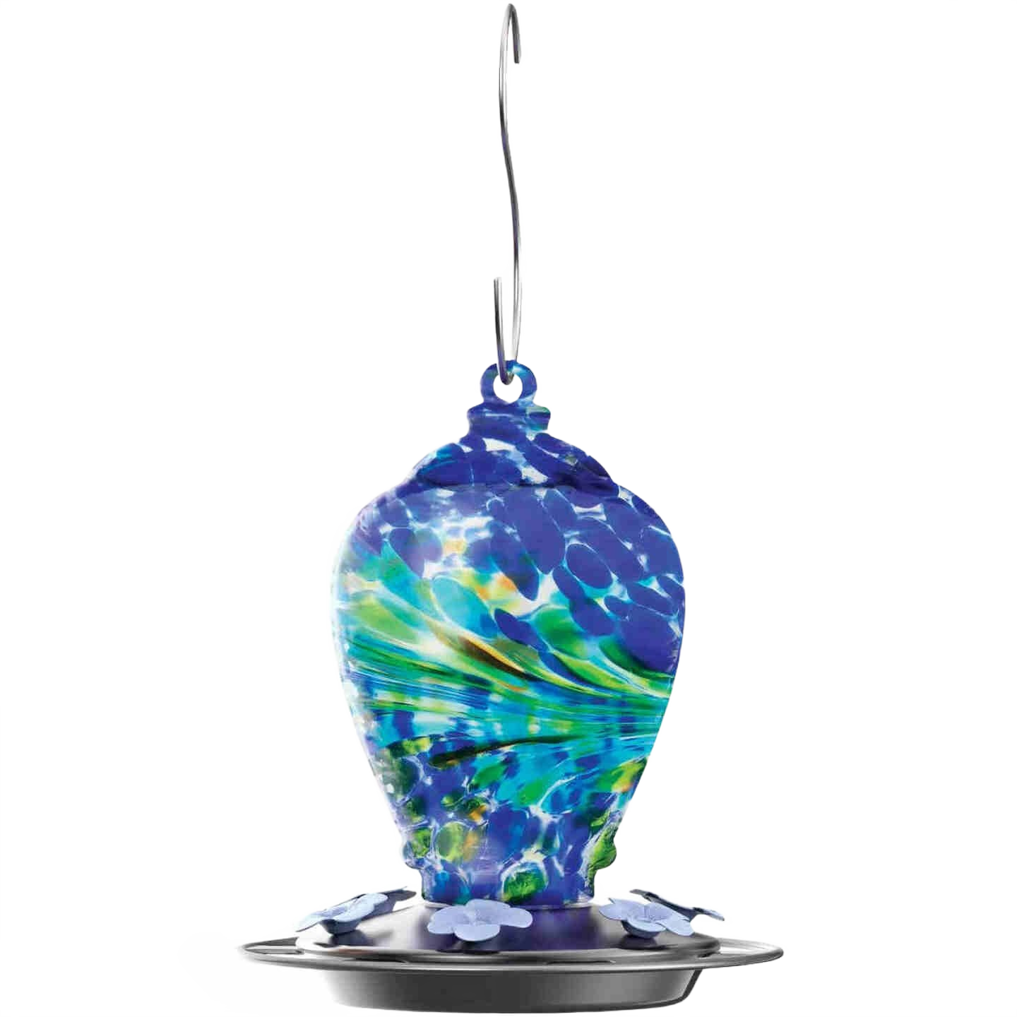 Glass hummingbird feeder with blue and green artisan swirled design and metal base with flower-shaped feeding ports