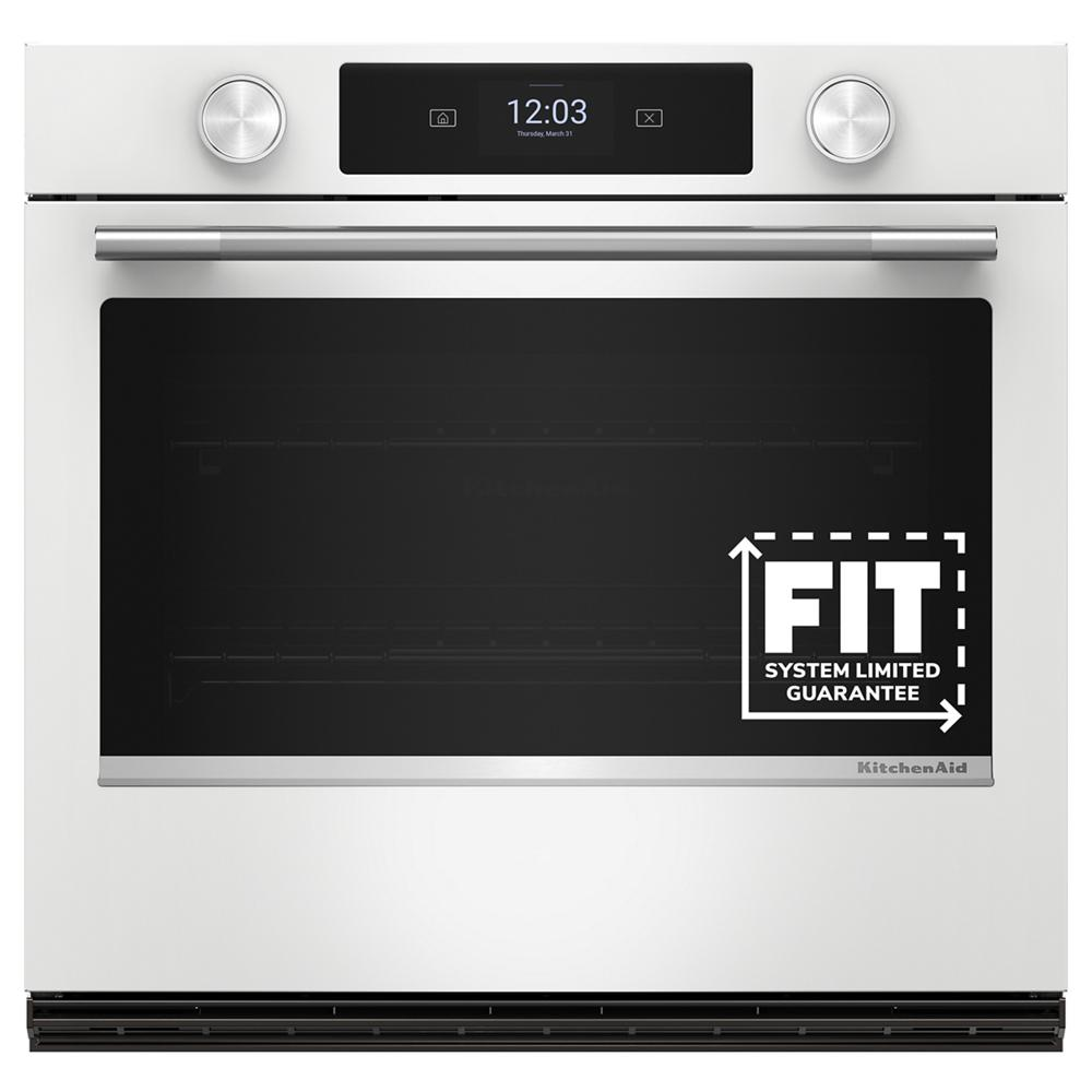 White smart electric single wall oven with digital display, dual control knobs, and stainless steel handle from KitchenAid collection