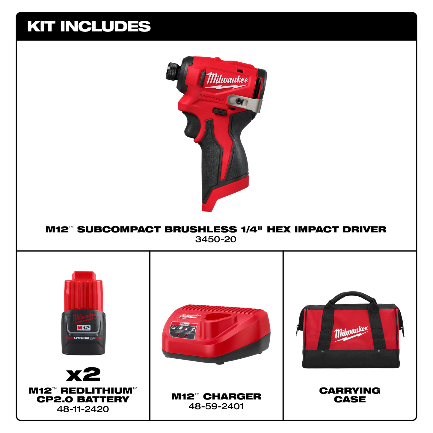 Milwaukee M12™ Subcompact Brushless 1/4" Hex Impact Driver Kit