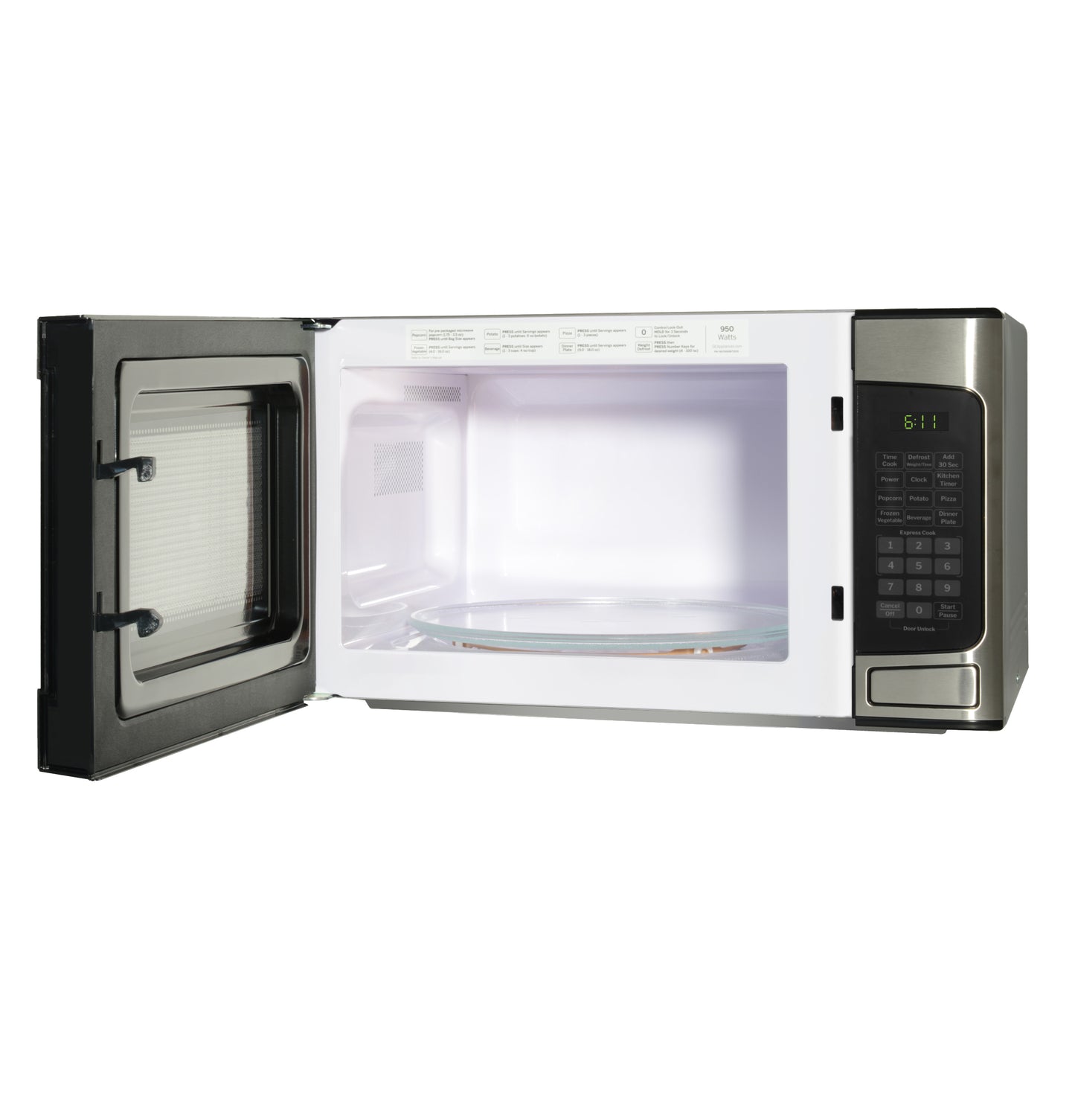 Countertop microwave oven with stainless steel finish, open door, digital keypad, and interior glass turntable from kitchen appliances collection.