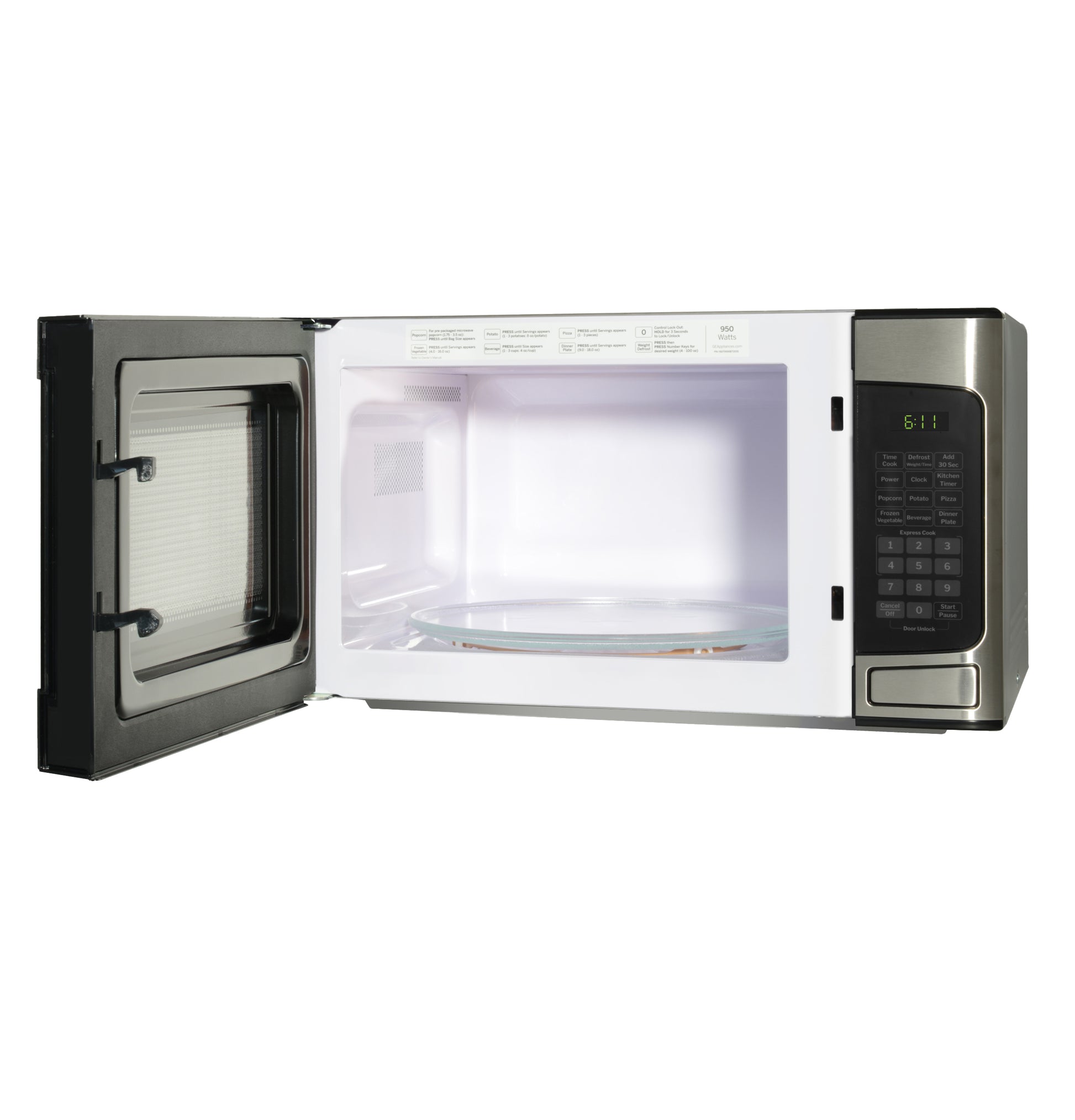 Countertop microwave oven with stainless steel finish, open door, digital keypad, and interior glass turntable from kitchen appliances collection.
