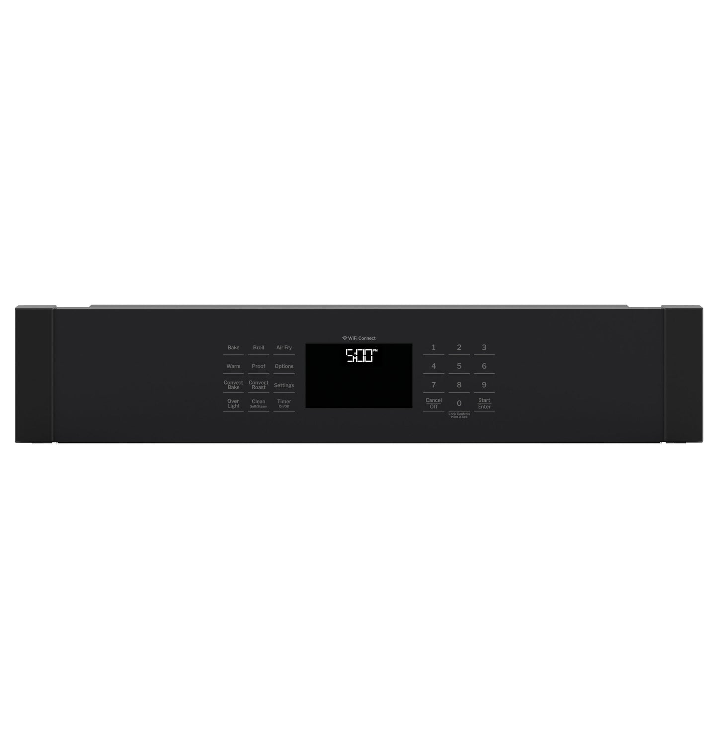 Black digital control panel with touch controls and display for smart built-in convection wall oven in appliances collection