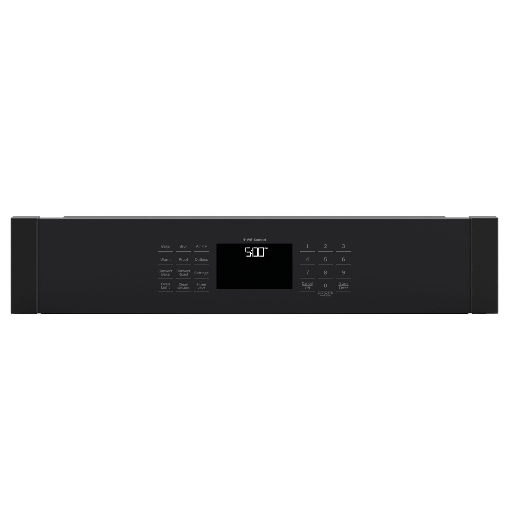 Black digital control panel with touch controls and display for smart built-in convection wall oven in appliances collection