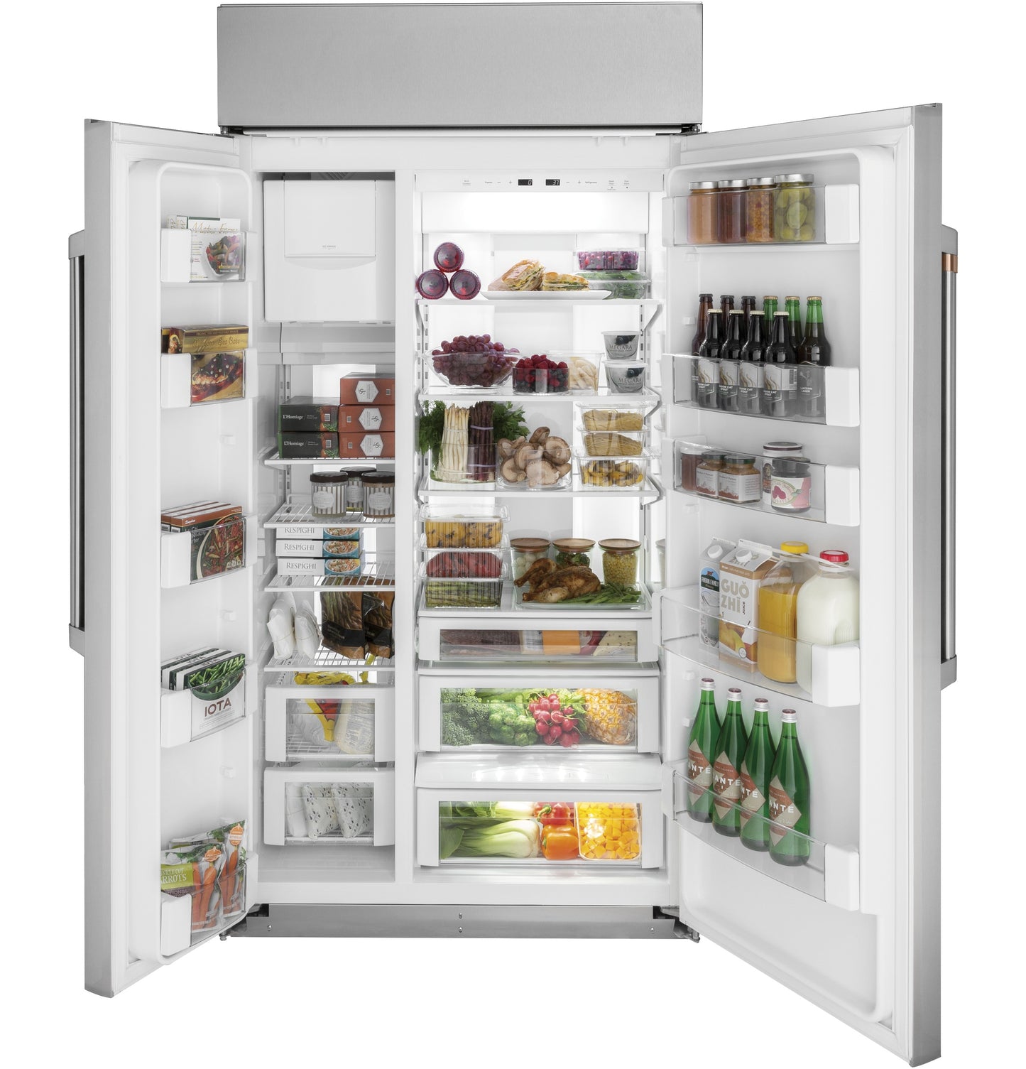 Open built-in side-by-side refrigerator with organized shelves filled with fresh produce and beverages in kitchen appliances collection