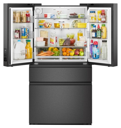 Open black French door refrigerator filled with fresh produce and beverages in kitchen appliances collection