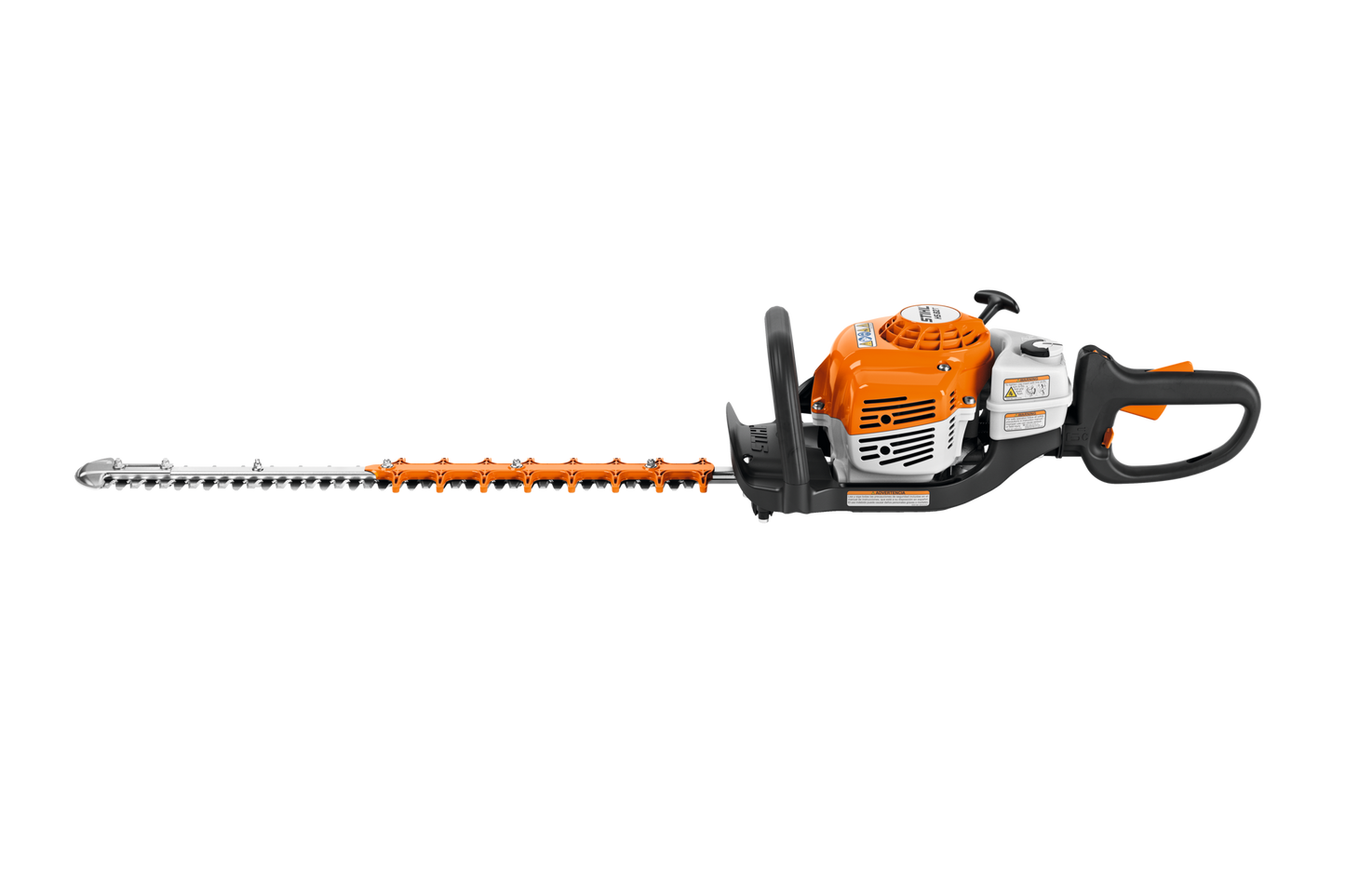 Orange and white gas-powered hedge trimmer with dual handles designed for precise yard and home improvement tasks