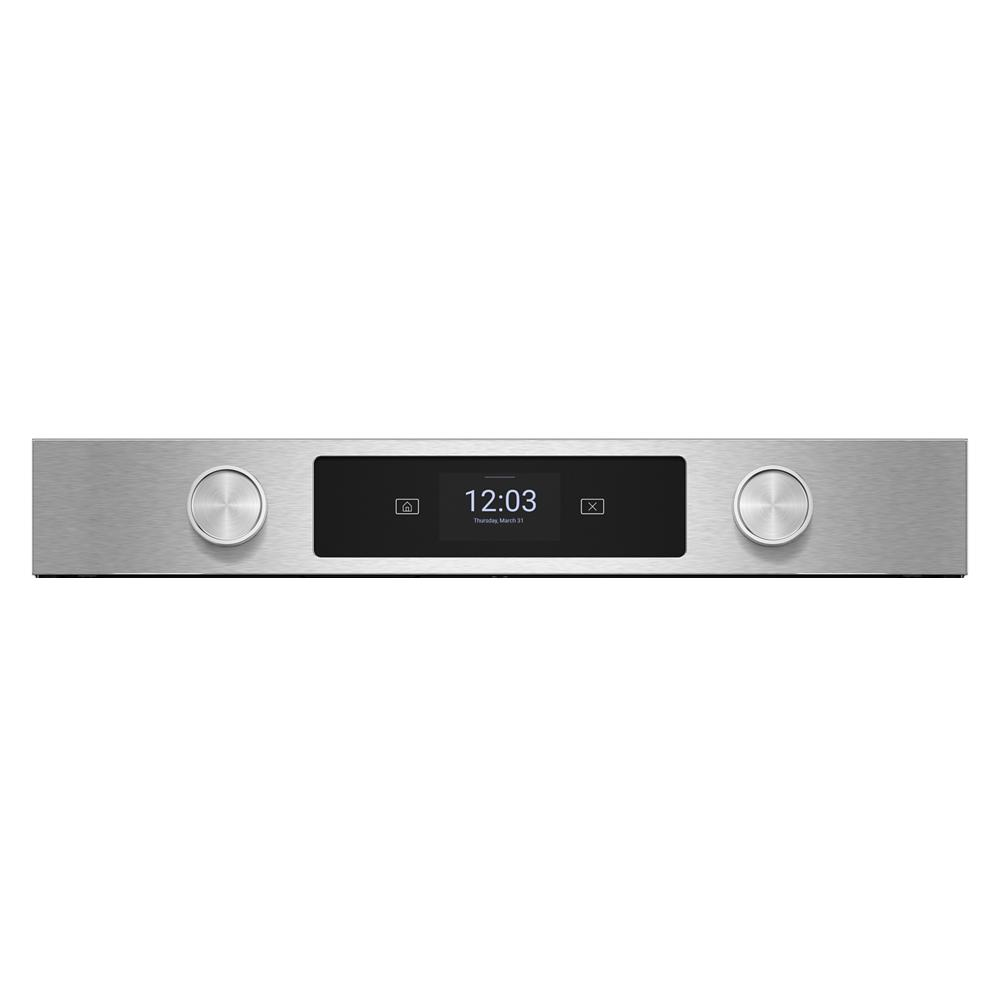 Stainless steel control panel with digital touchscreen and two control knobs from KitchenAid wall ovens collection