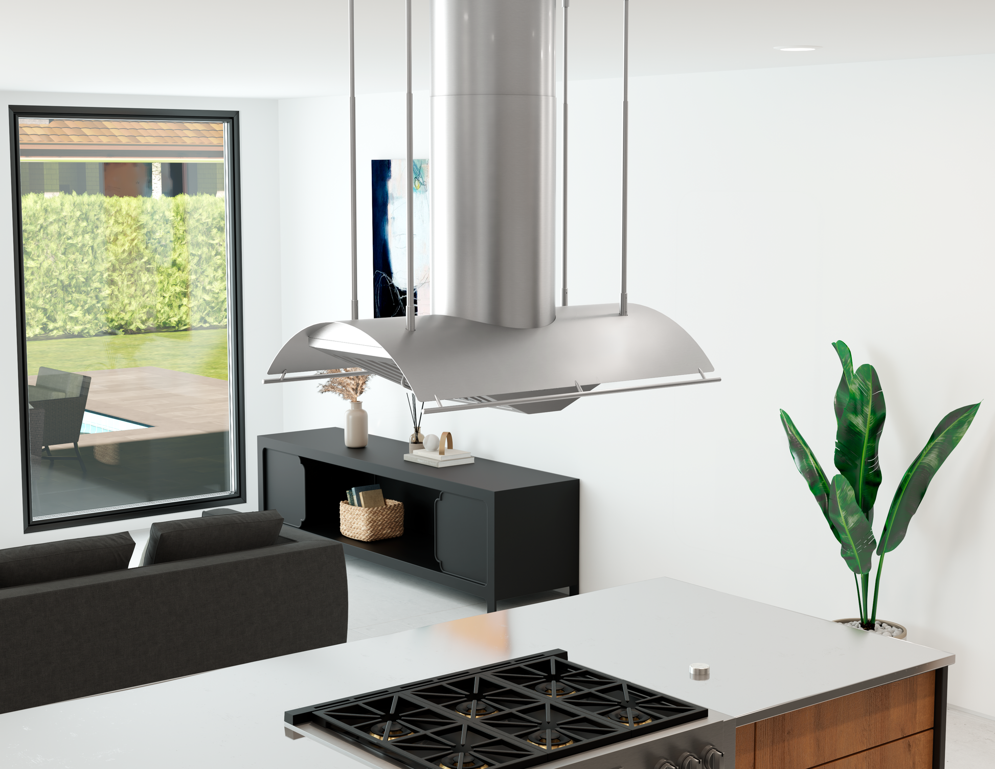 Modern stainless steel island range hood with LED lighting suspended over a contemporary kitchen stove in a bright open space