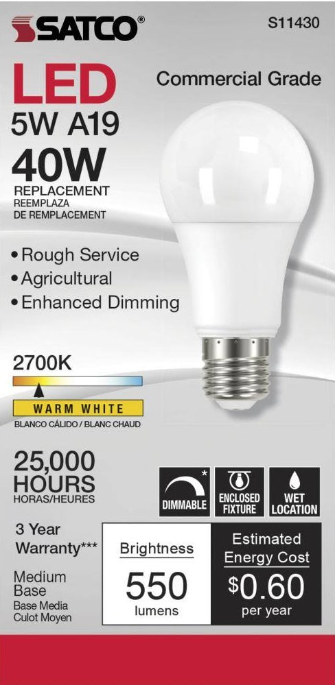 Commercial-grade LED light bulb with medium base, warm white color, dimmable, suitable for rough and wet locations under $50.