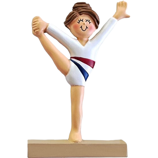 Personalized brunette female gymnast figurine in white leotard with red and blue stripes for Christmas decor under $50 collection