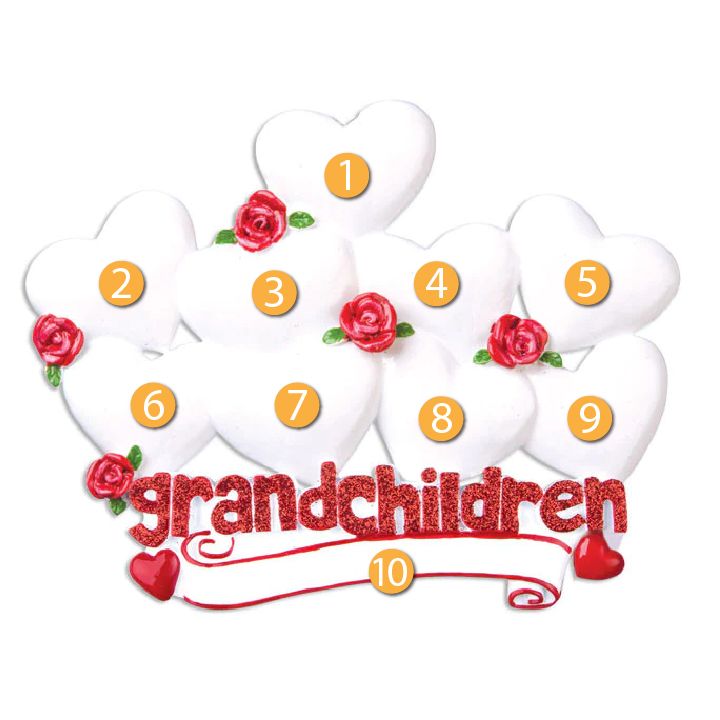 White heart-shaped ornament cluster with red roses and glittery red "grandchildren" lettering Christmas decoration under 50