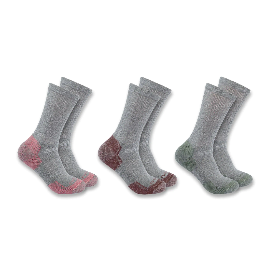 Three pairs of gray cotton crew socks for women with colored heel and toe accents in pink, burgundy, and green