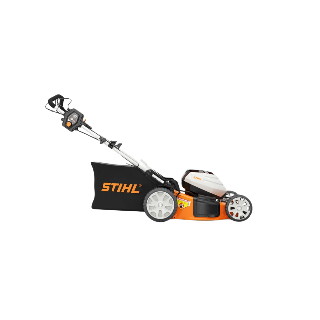 Orange and white self-propelled battery lawn mower with black grass catcher for outdoor power tools and garden care