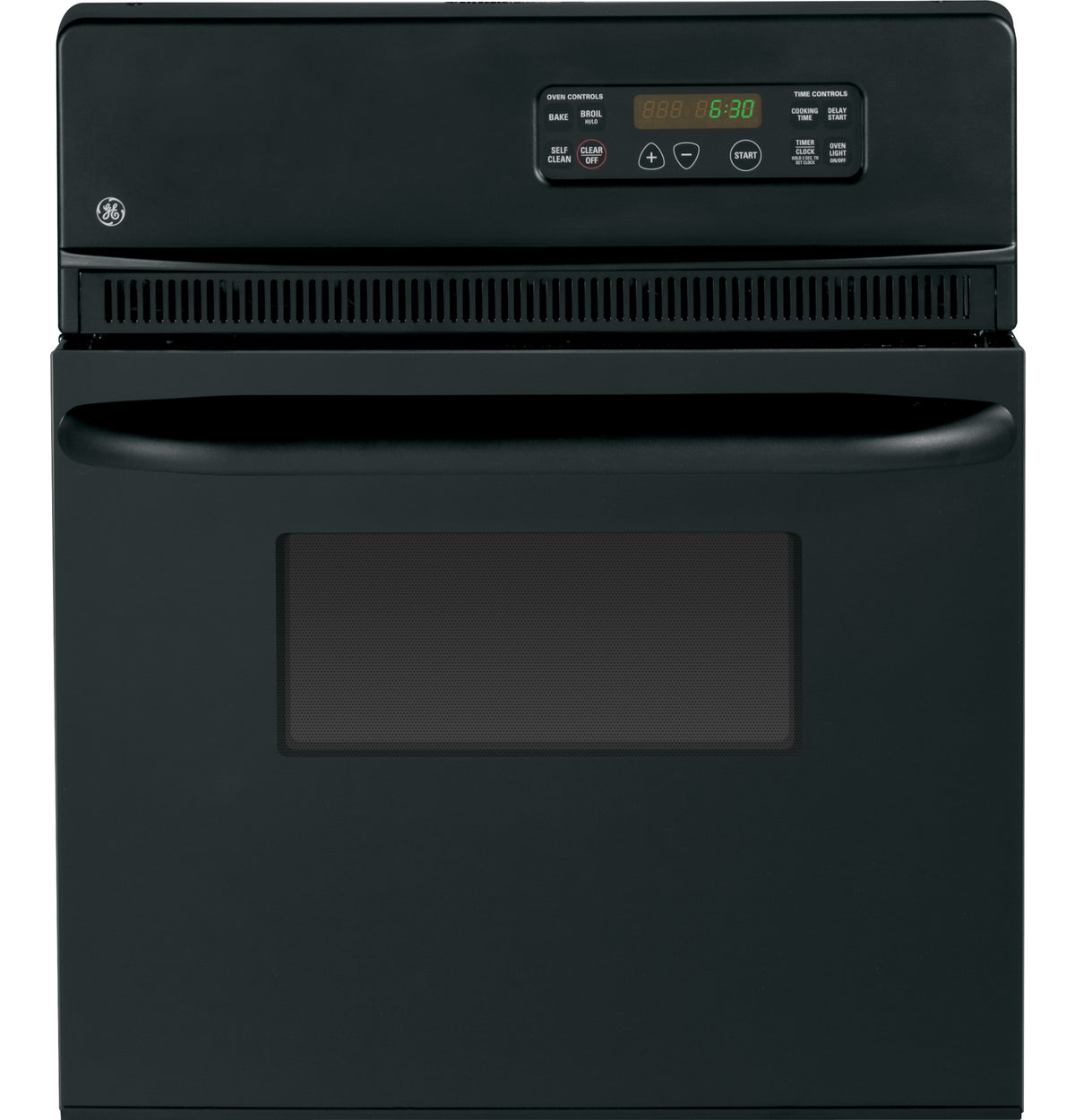 Black electric single wall oven with self-cleaning feature and digital control panel from kitchen appliances collection