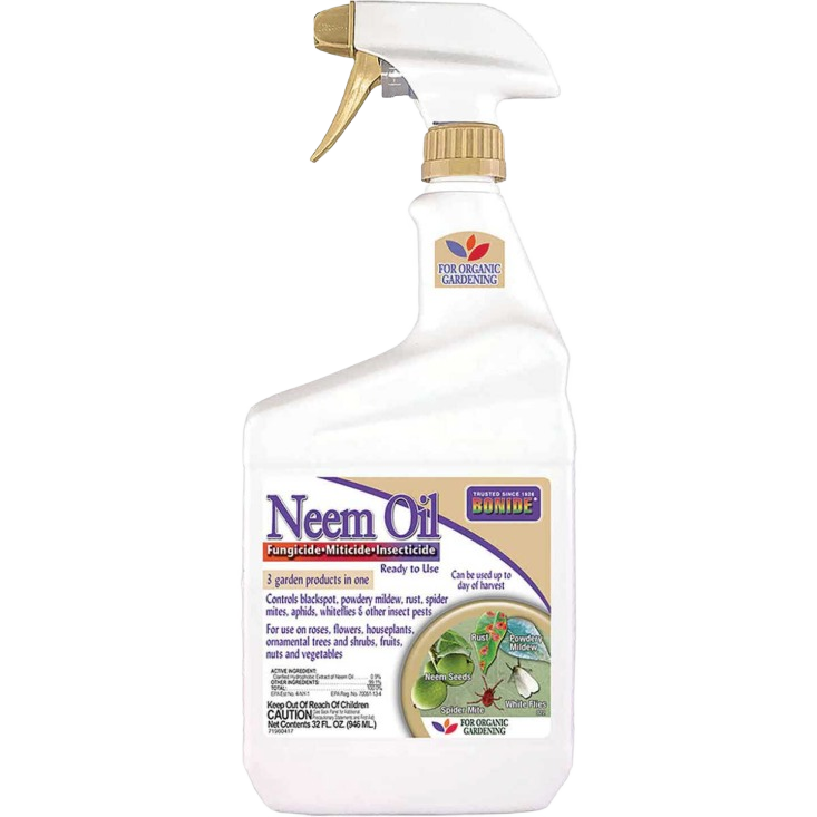 White spray bottle of insecticide oil with trigger nozzle for gardening pest control and plant protection applications
