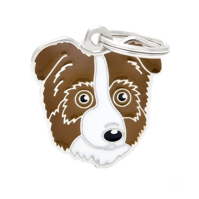 Silver-edged enamel dog tag with red and white Australian Shepherd face design and attached key ring