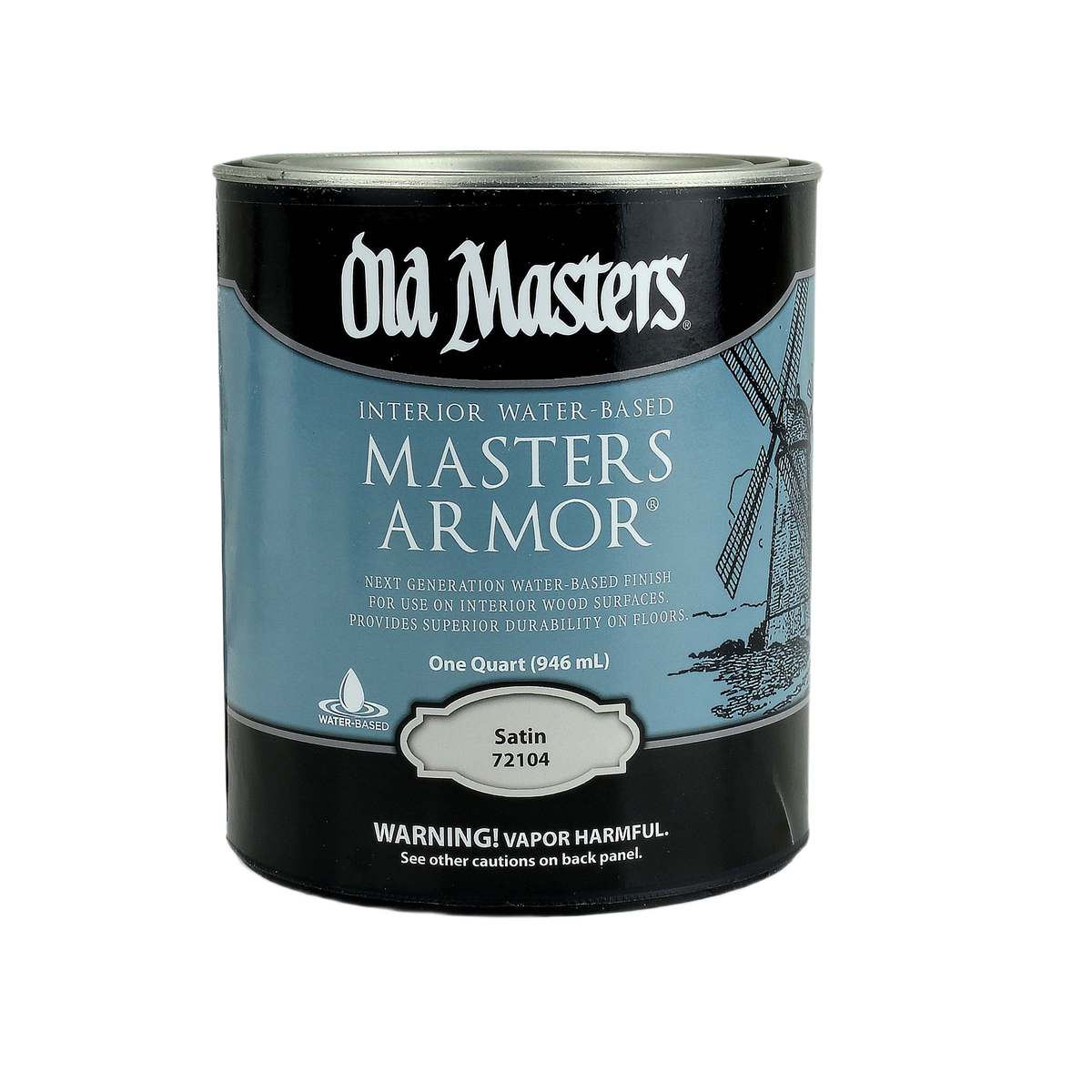One quart can of Old Masters water-based satin finish for interior wood protection in wood finishing collections