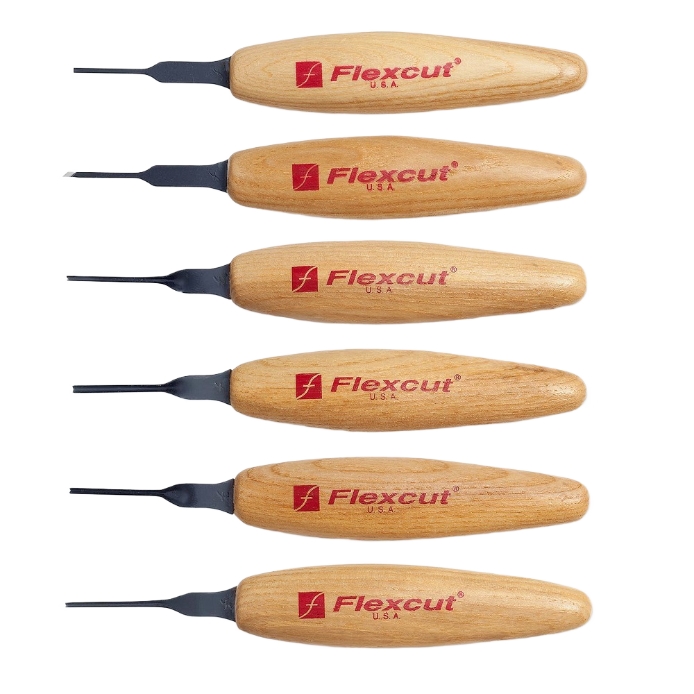 Set of six woodcarving chisels with wooden handles featuring Flexcut logo, designed for detailed hand tool use