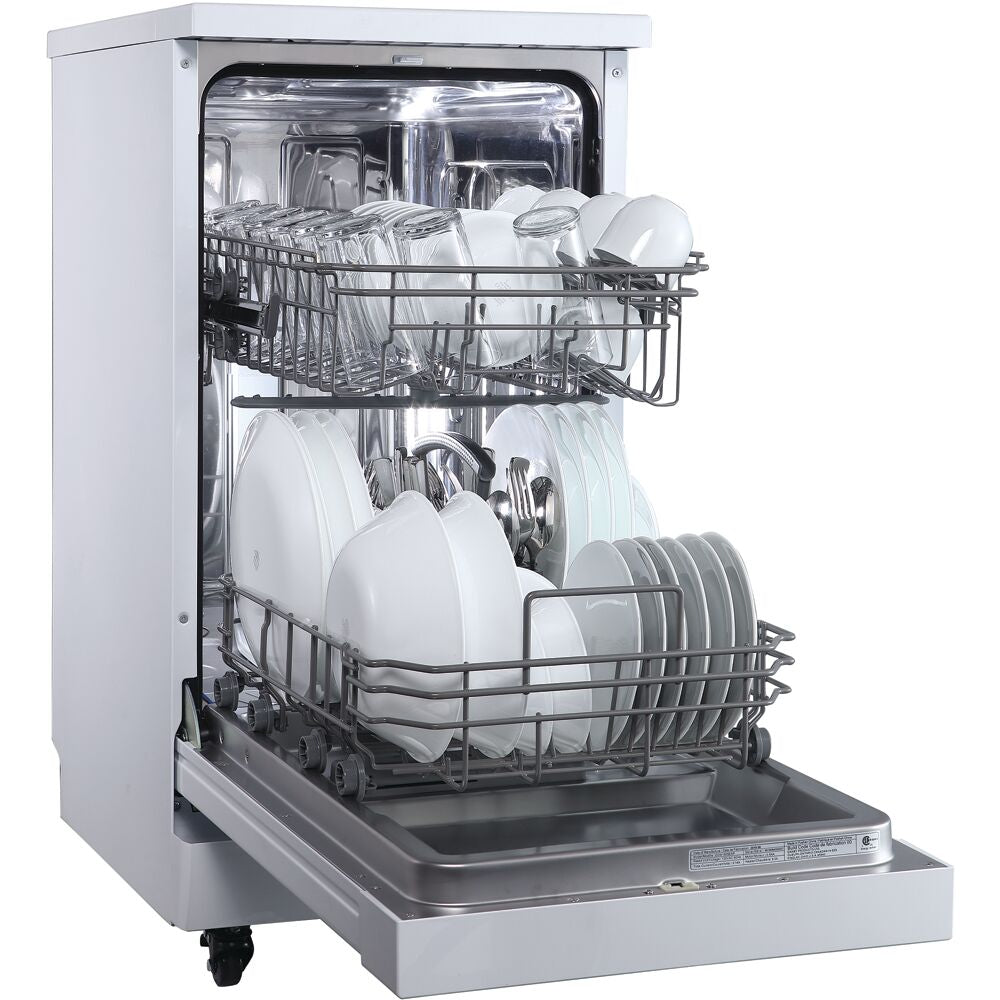 Open compact dishwasher with stainless steel interior loaded with dishes and silverware in kitchen appliances collection