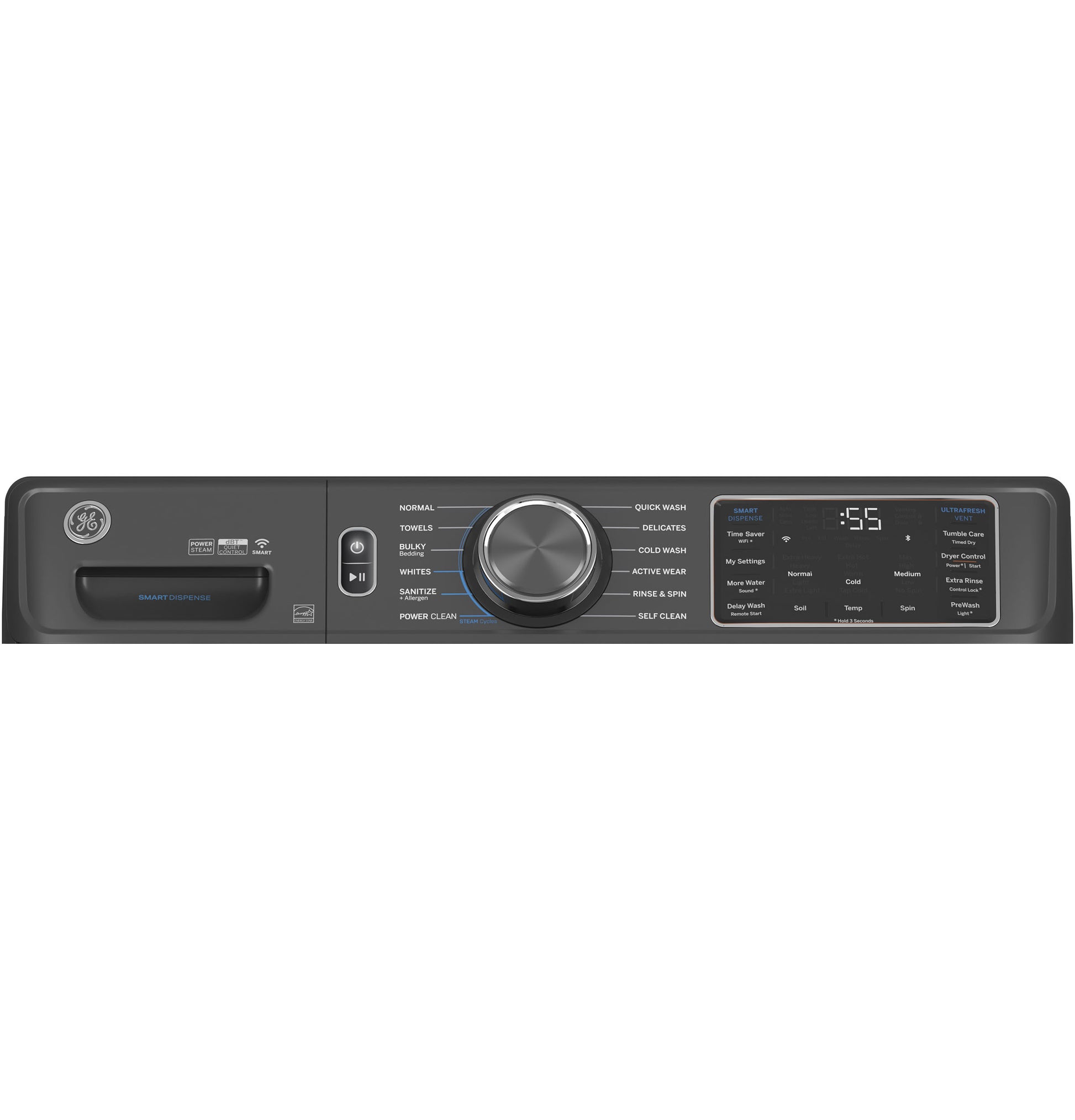 Control panel of a dark gray smart front load washer with digital display and cycle selection knob in Washers & Dryers collection
