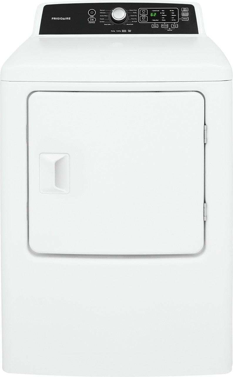 White free standing gas dryer with digital display and control knob from dryers and appliances collection