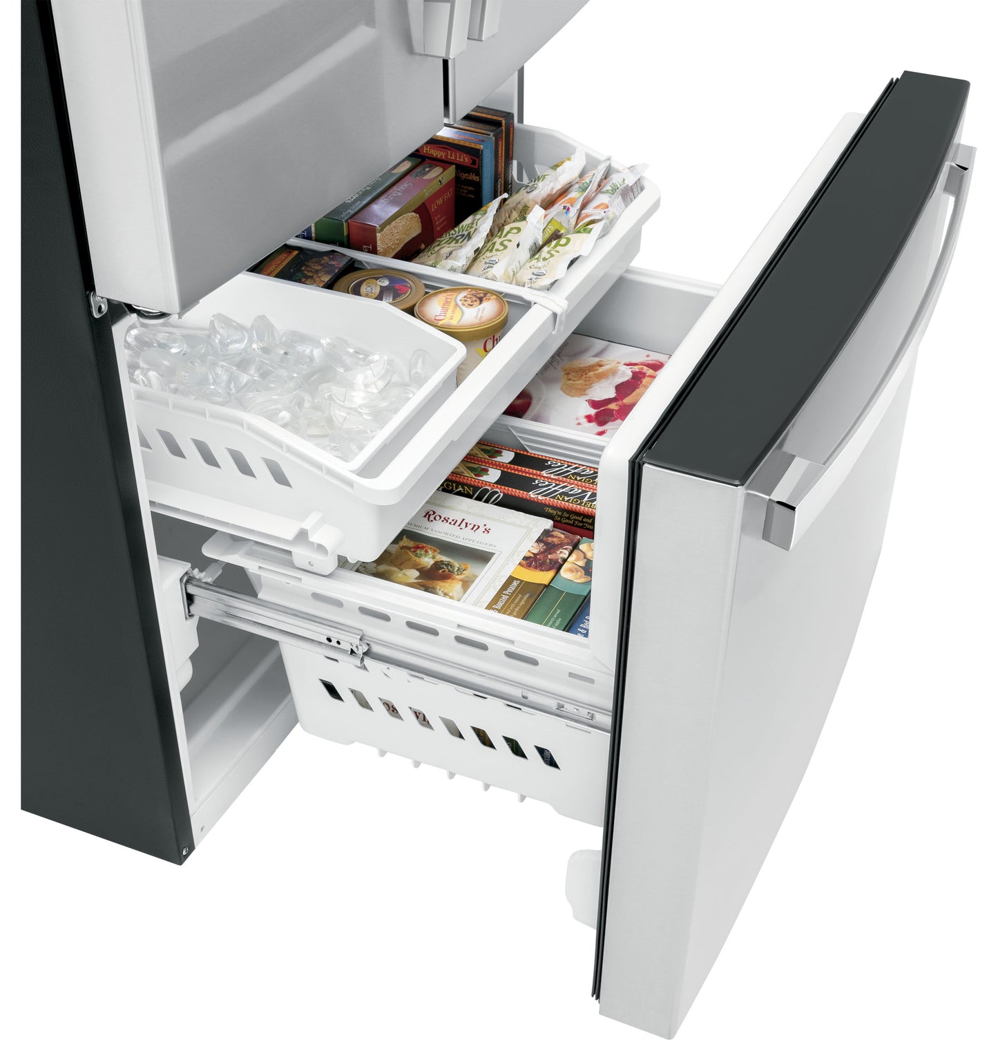 Open bottom freezer drawer with organized frozen foods and ice tray in fingerprint resistant stainless steel refrigerator