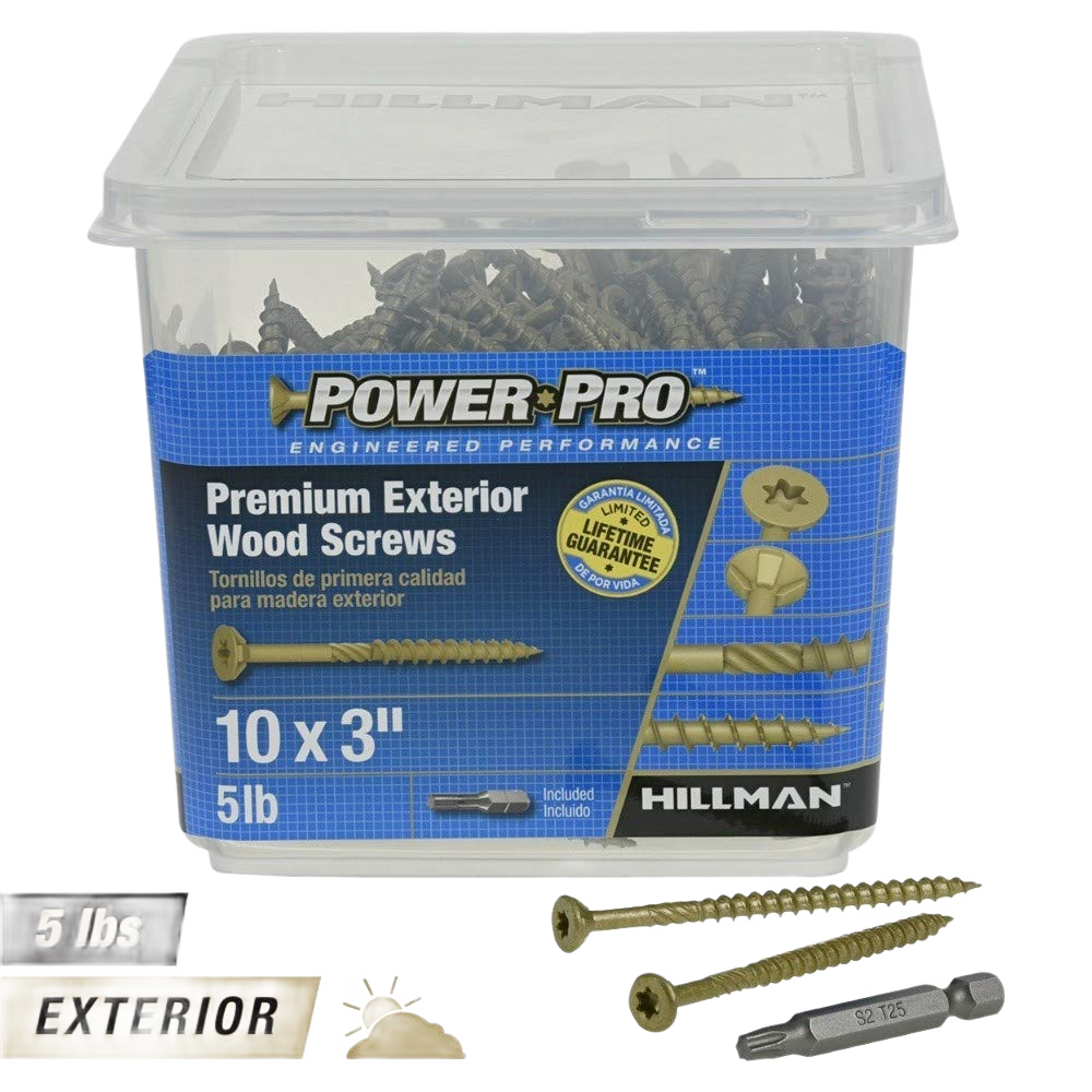 Clear plastic container of premium exterior wood screws measuring 10 by 3 inches, part of hardware, screws, fasteners, and lumber collections under $100.