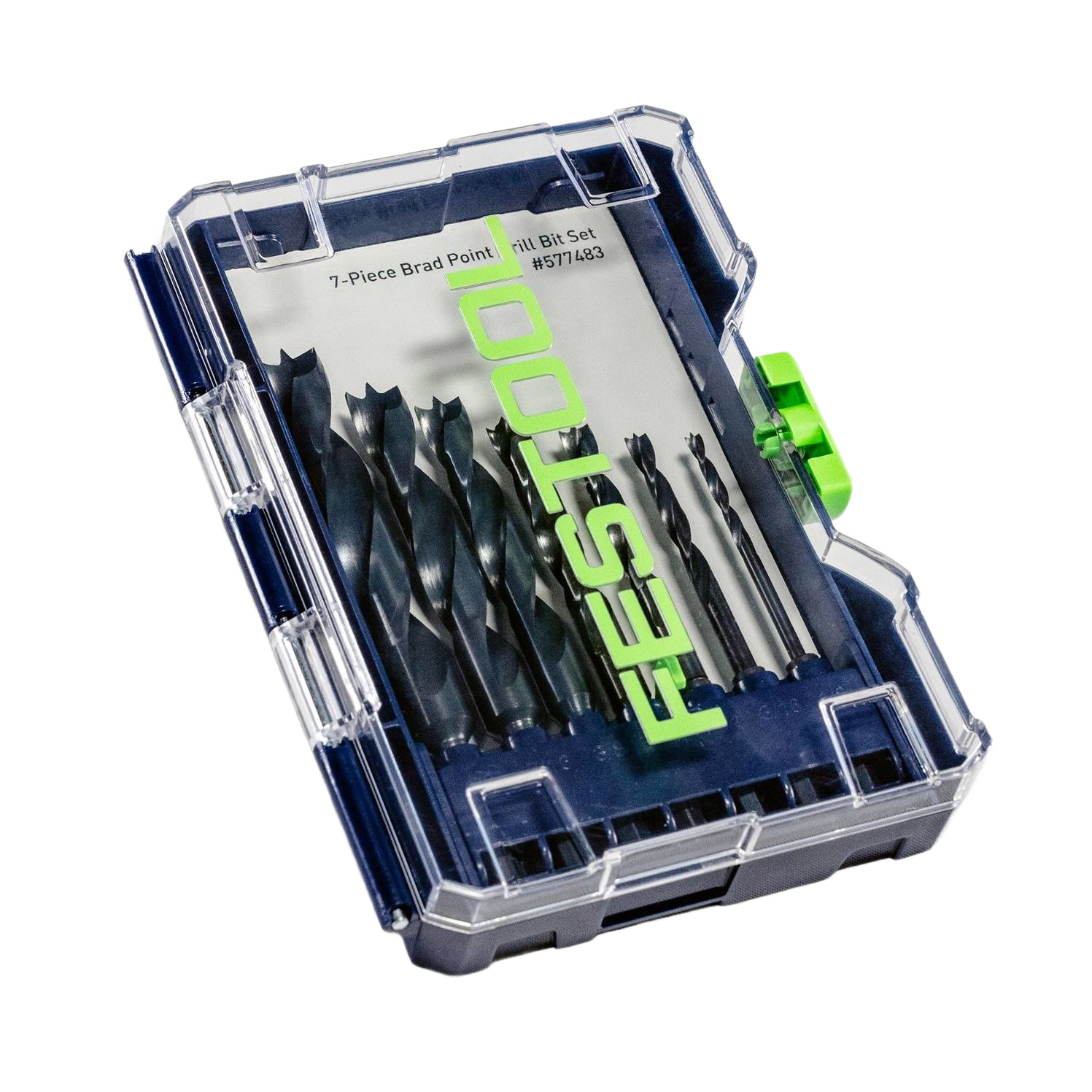 7-piece brad point drill bit set in clear blue case for Festool drill accessories and power tool collections