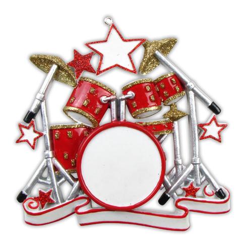 Red drum set ornament with gold glitter accents and star decorations for Christmas tree under $50