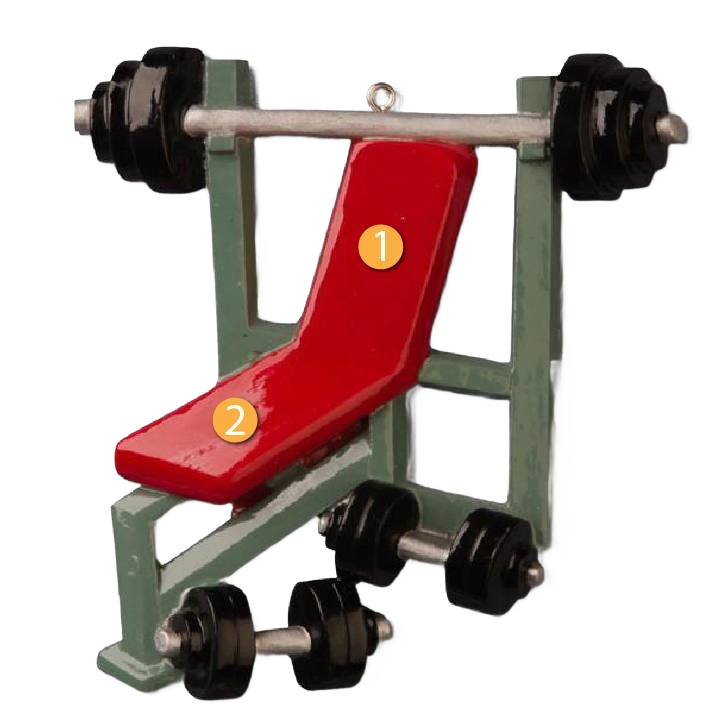 Red and green weight lifting bench ornament with barbell and dumbbells in Christmas Ornaments & Tree Decorations collection