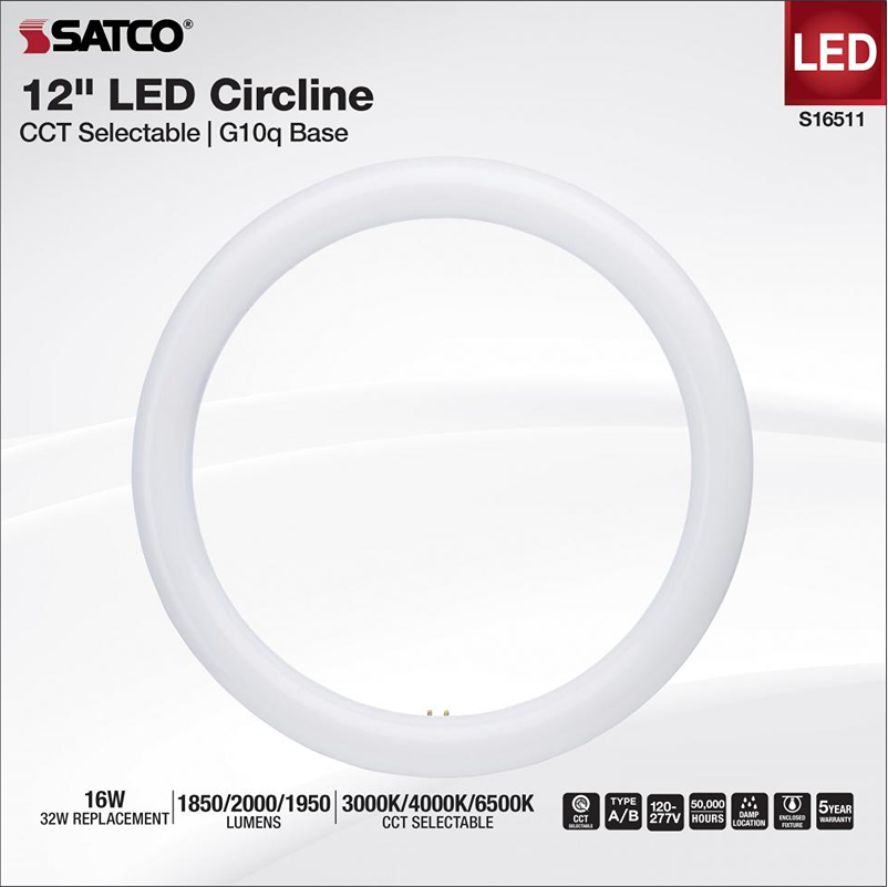 White 12-inch LED circline bulb with selectable CCT and G10q base for lighting and electrical applications