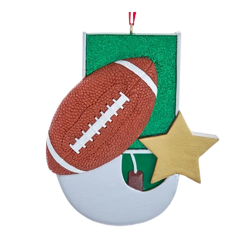 Personalized football ornament with textured brown ball, gold star, and green goalpost background for holiday decoration