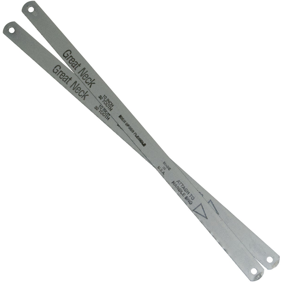 Two flexible high-speed steel hacksaw blades with 32 teeth per inch, designed for cutting alloy steels, part of woodworking and power tool accessories at Hartville Hardware.