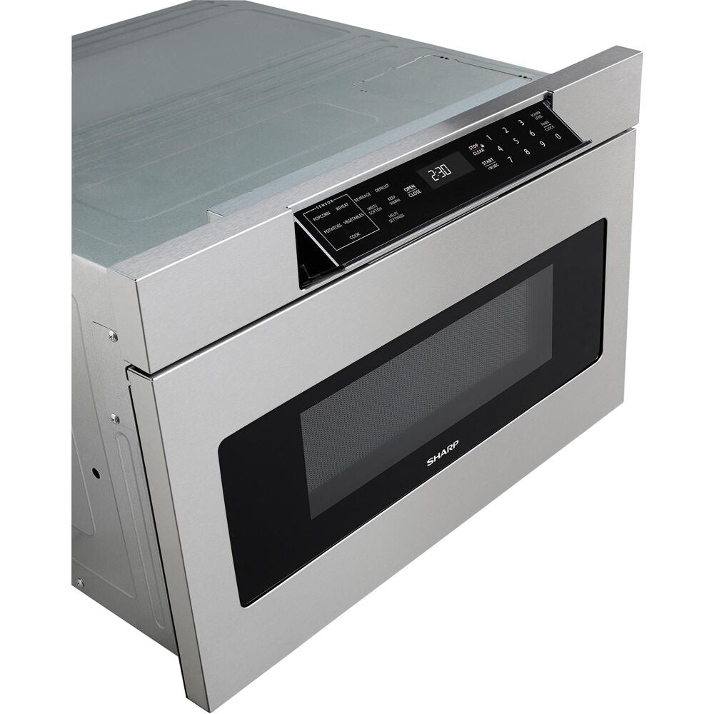 Stainless steel microwave drawer with digital control panel and black glass window in kitchen appliances collection