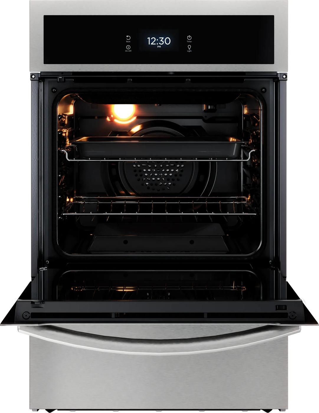 Stainless steel single gas wall oven with digital clock, convection fan, interior light, and two oven racks in kitchen appliances collection