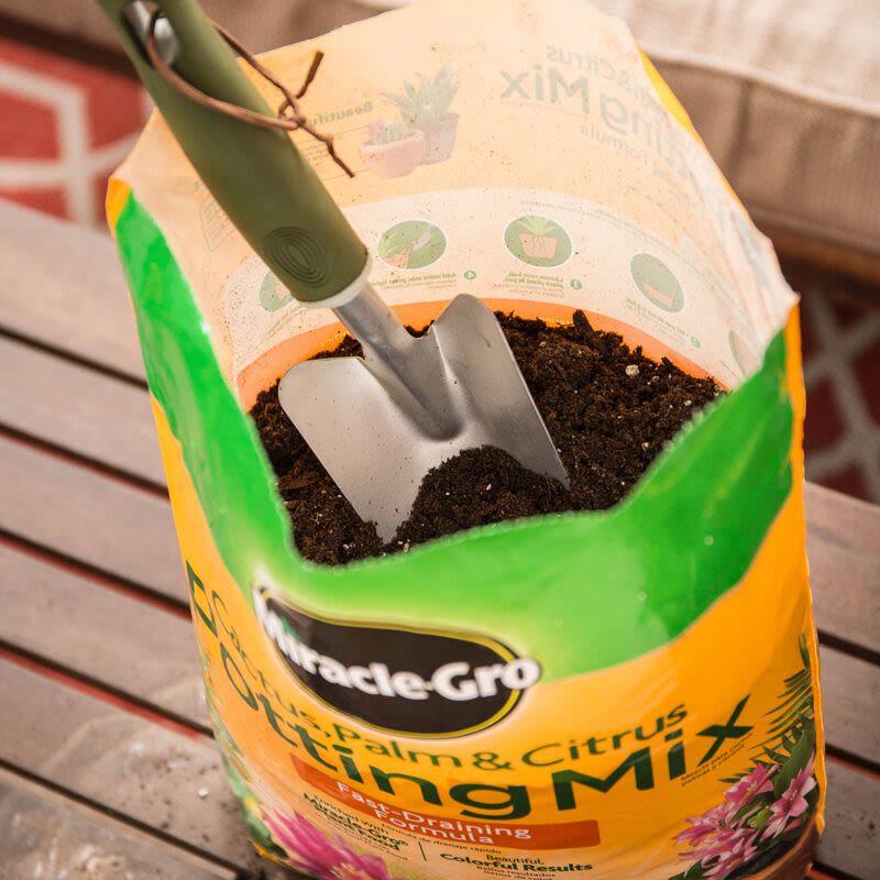 Open bag of Miracle-Gro cactus, palm, and citrus soil with gardening trowel on wooden table for outdoor living