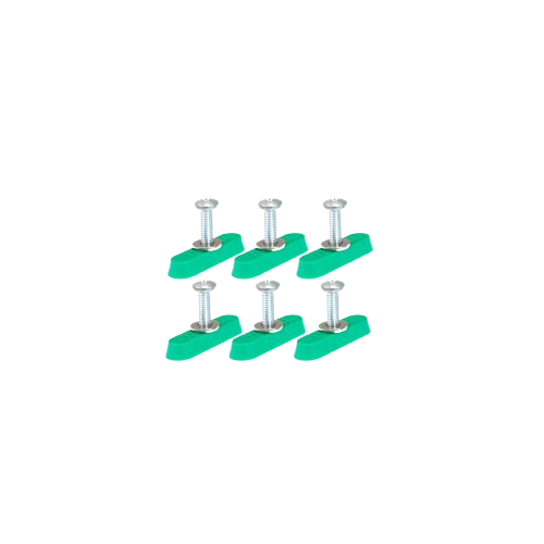 Six green dovetail hardware clamps with silver screws for tool accessories and woodworking projects