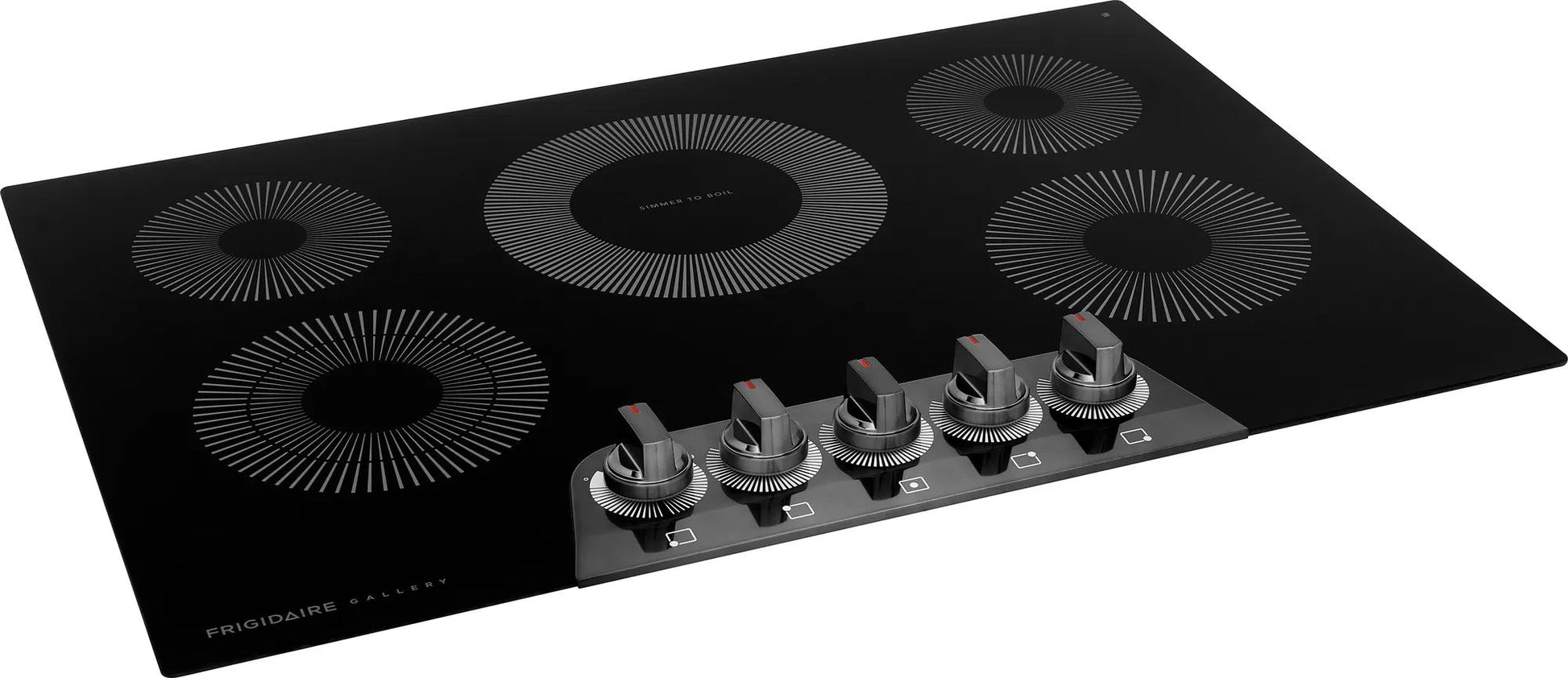 Black smooth electric cooktop with five radiant cooking elements and black control knobs from Kitchen & Kitchenware collection