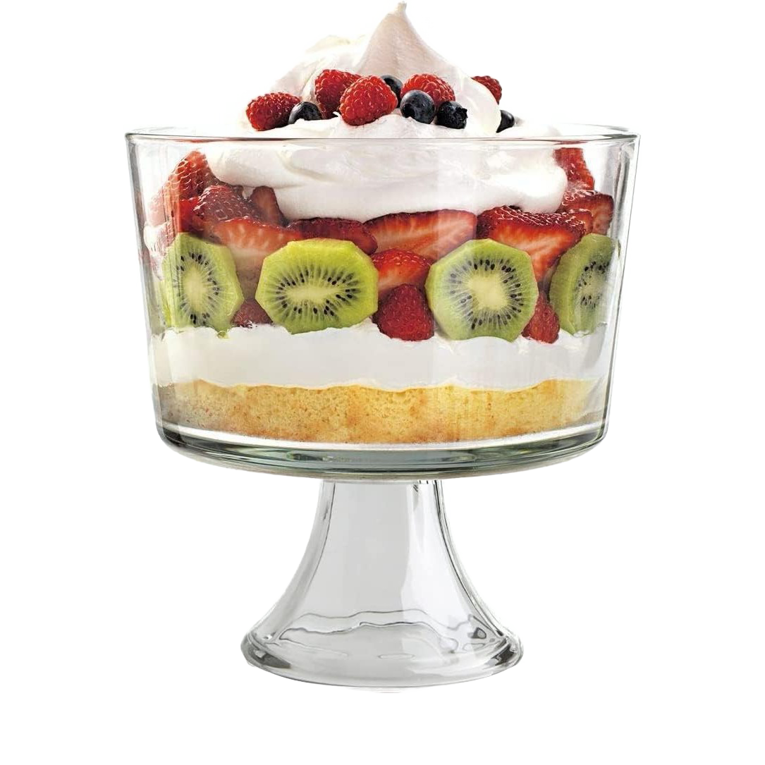 Footed glass trifle bowl with layered fresh fruit and whipped cream, great for kitchenware and under $50 collections
