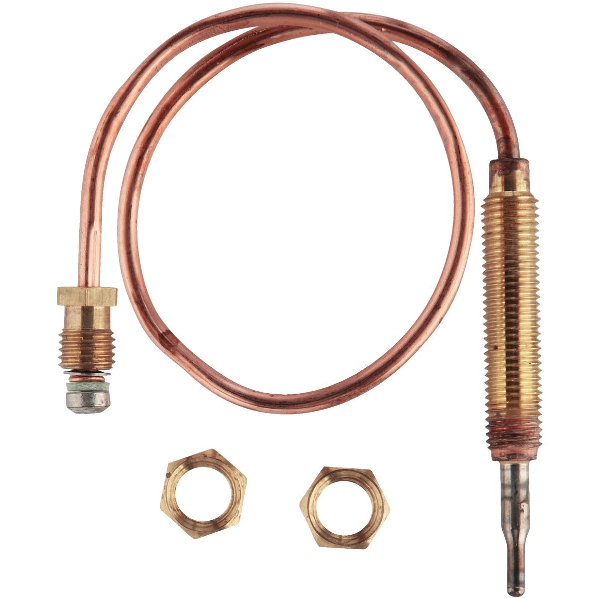 Copper replacement thermocouple with threaded brass fittings and nuts for heater repair and home improvement tasks