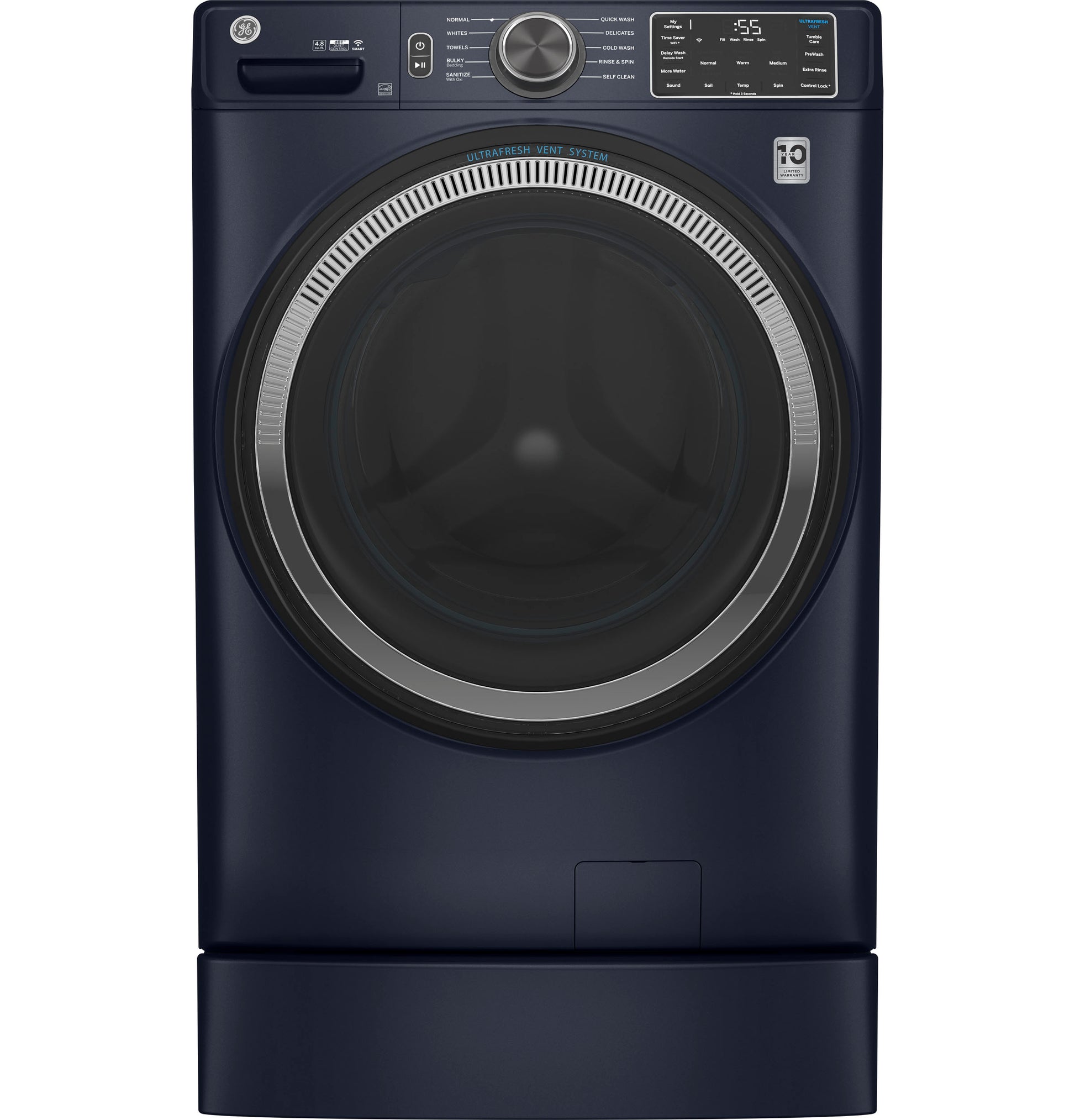 Navy blue smart front load washer with UltraFresh Vent System and digital control panel from washers collection