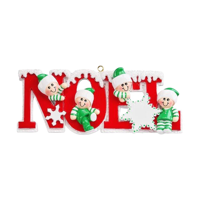Red "Noel" ornament with snow-covered top and four playful elves in green from Christmas Ornaments & Tree Decorations collection under $50