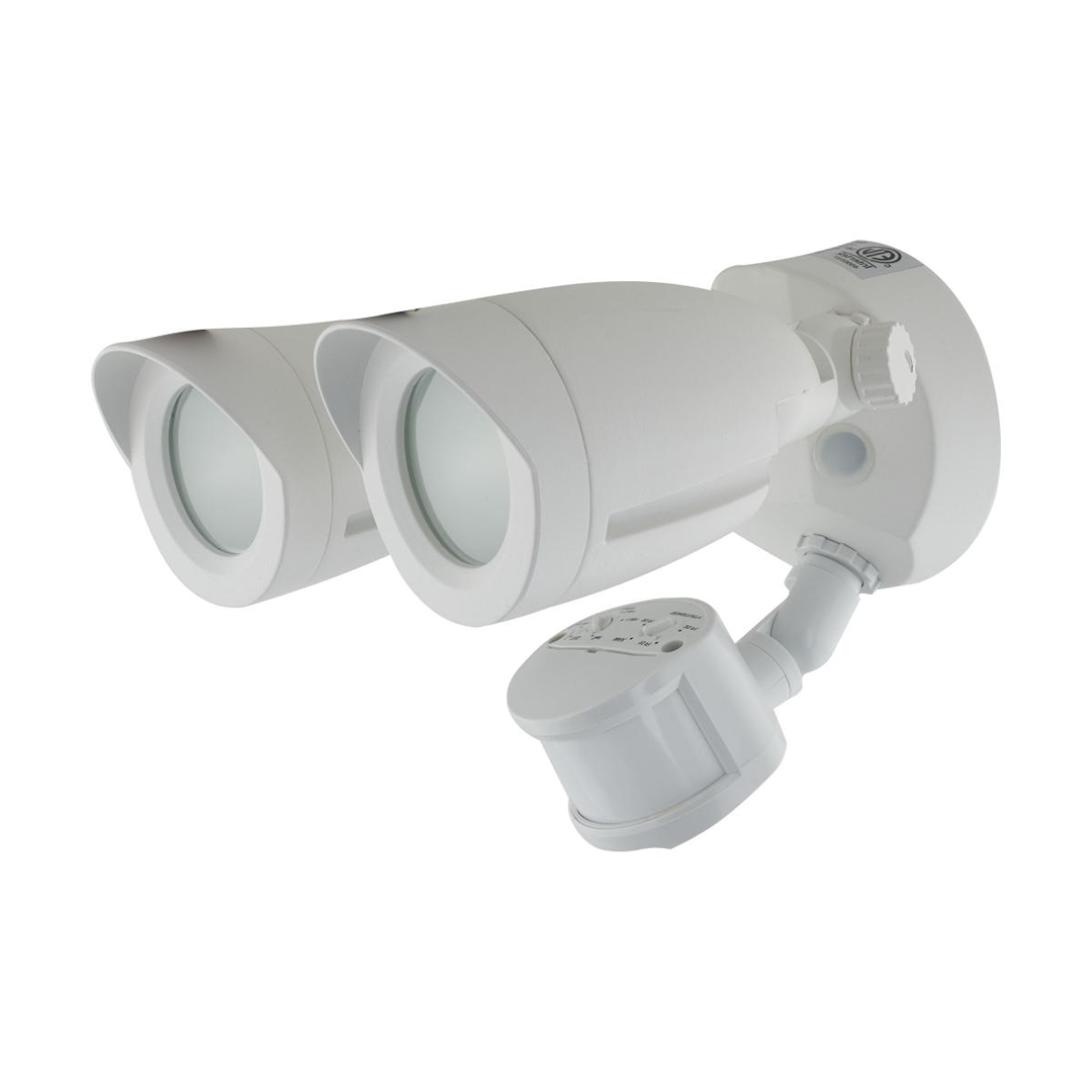White dual-head LED outdoor security light with adjustable motion sensor for enhanced home safety and outdoor lighting