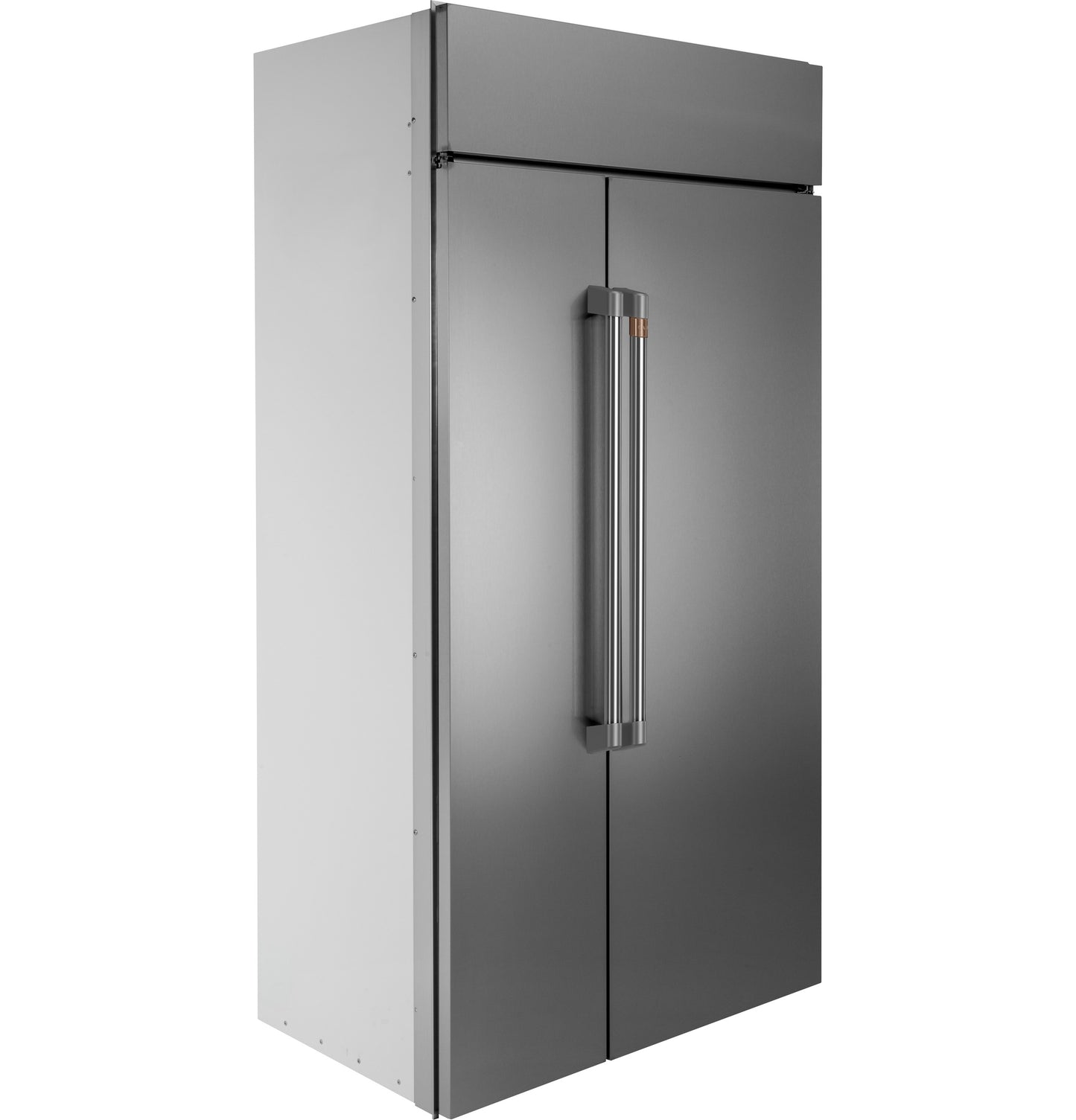 Built-in stainless steel side-by-side refrigerator with modern vertical handles for kitchen and appliance collections