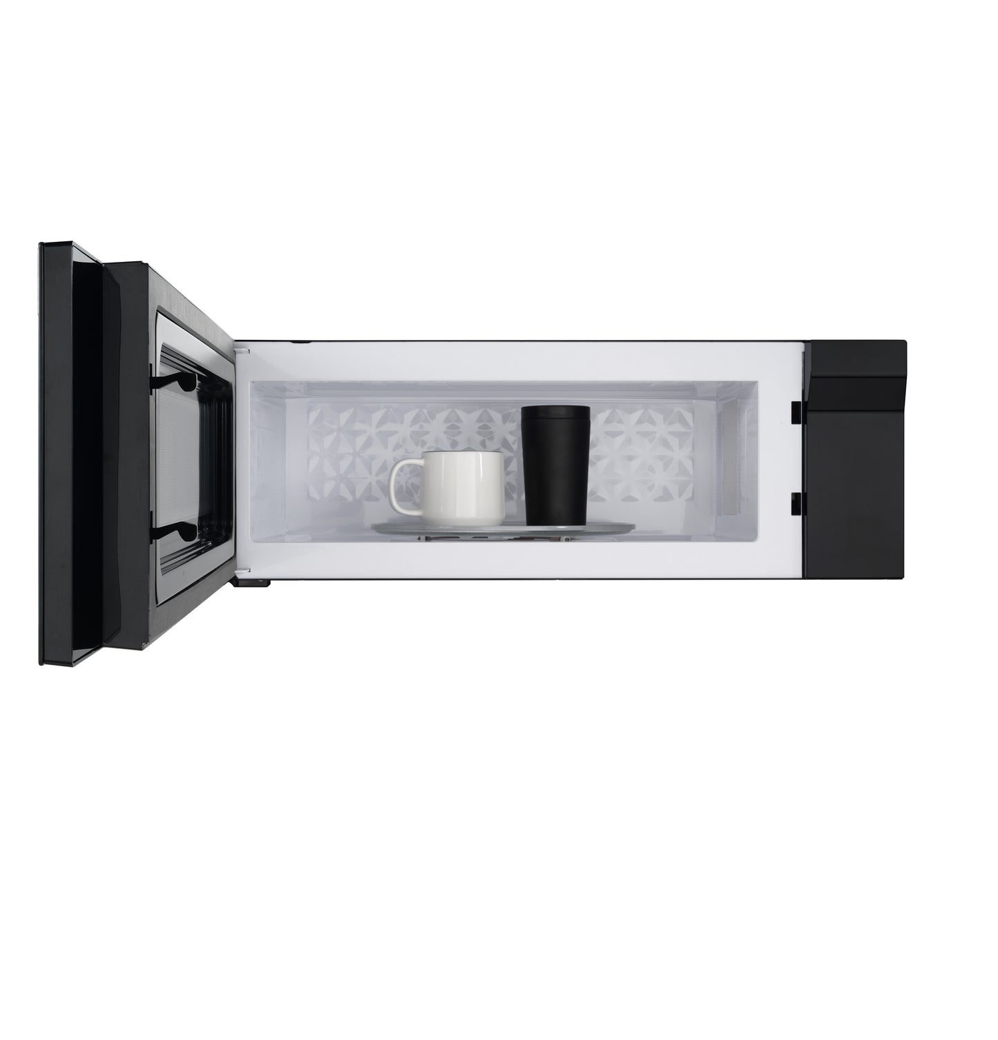 Open black and stainless steel low profile microwave oven showing interior with cup and black tumbler in microwaves collection