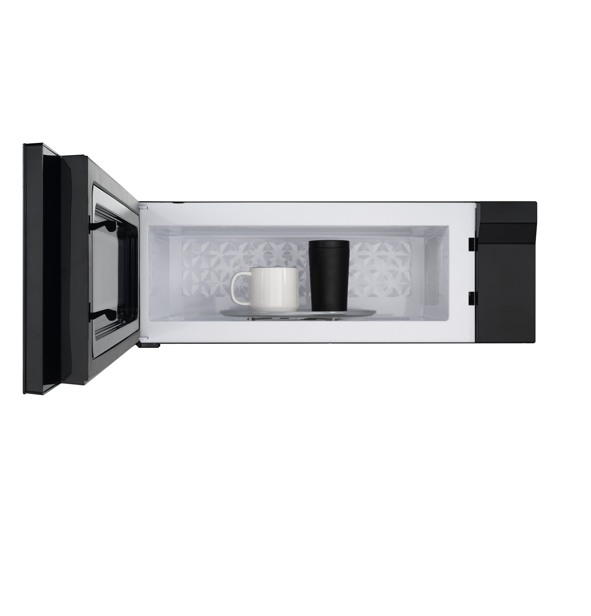 Open black and stainless steel low profile microwave oven showing interior with cup and black tumbler in microwaves collection