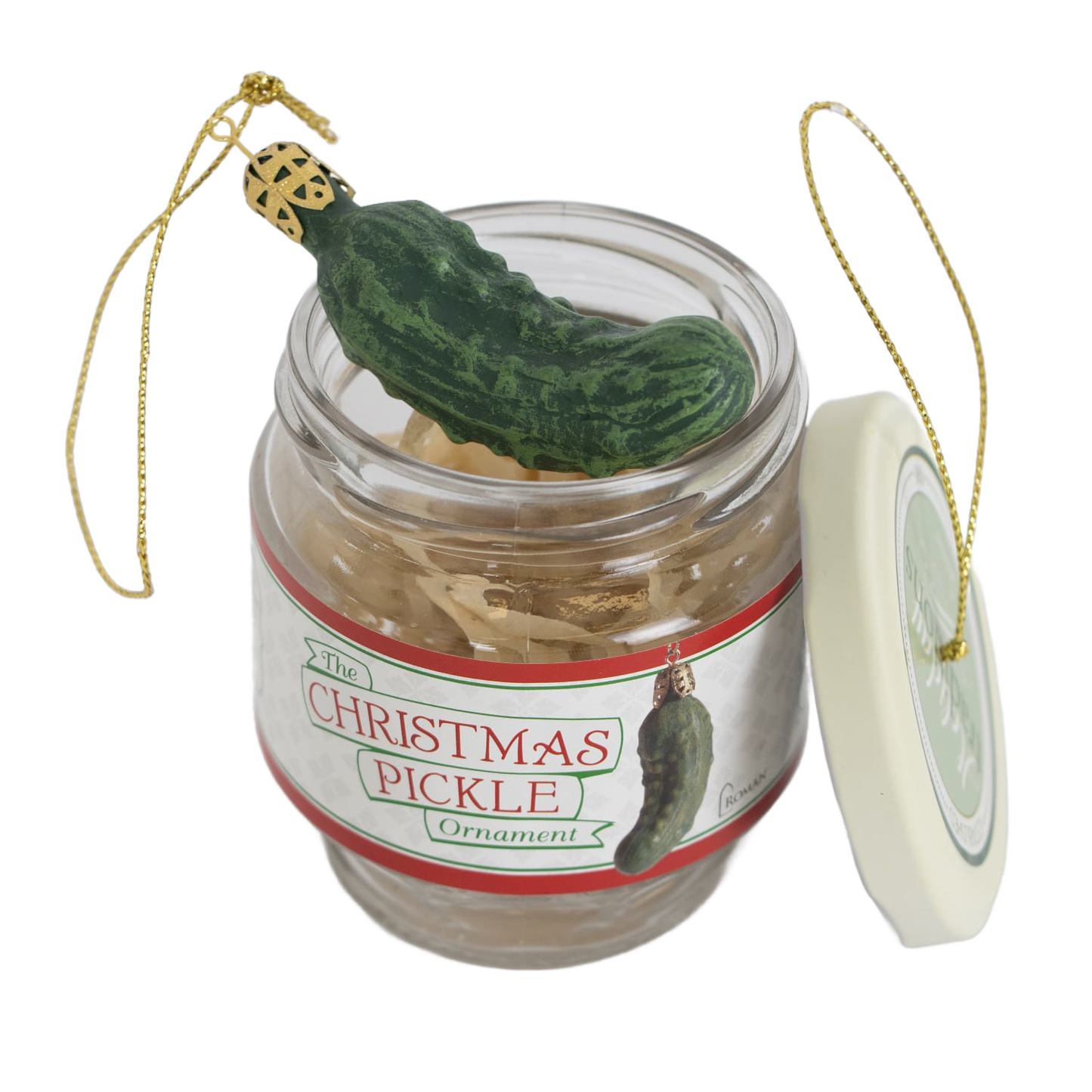 Glass jar holding a green Christmas pickle ornament with gold hanging string in festive holiday decor collection
