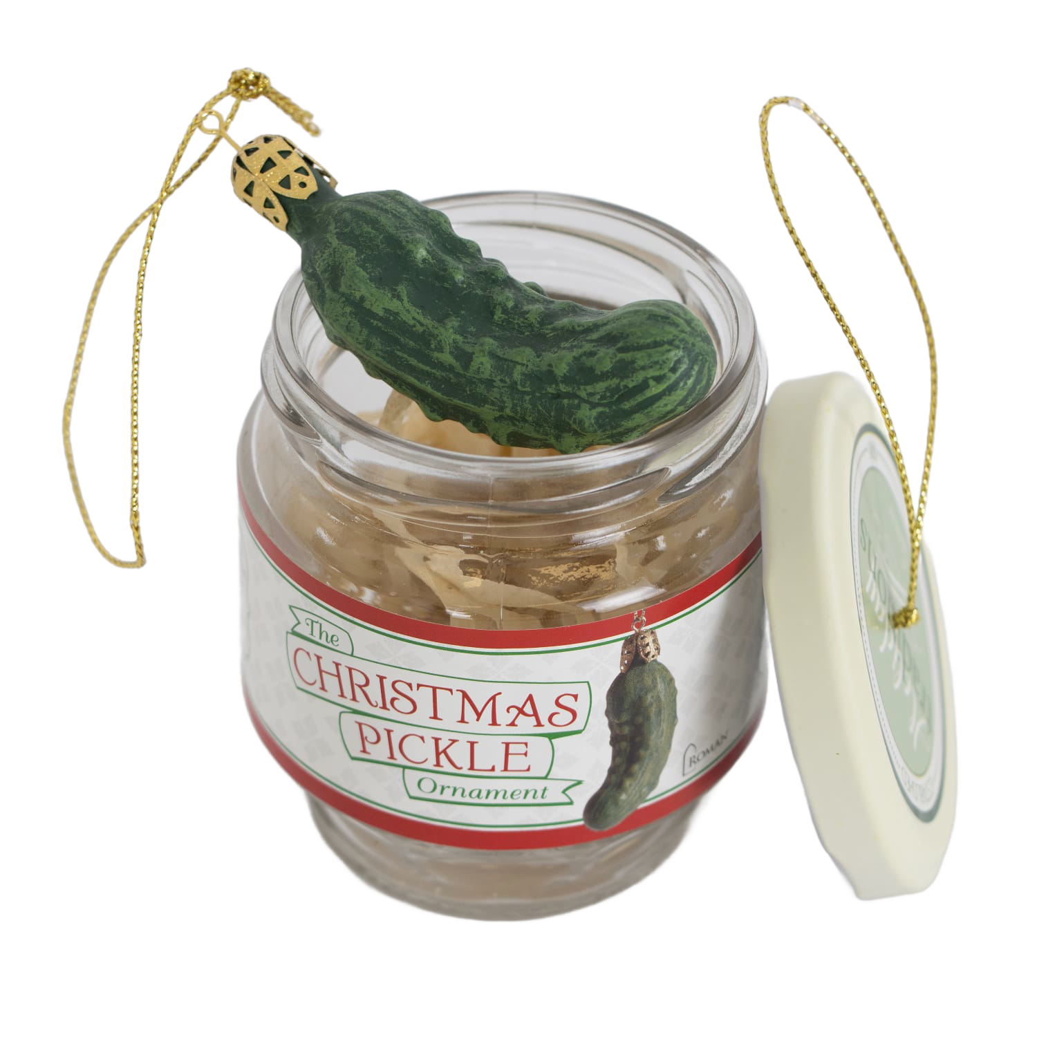 Glass jar holding a green Christmas pickle ornament with gold hanging string in festive holiday decor collection