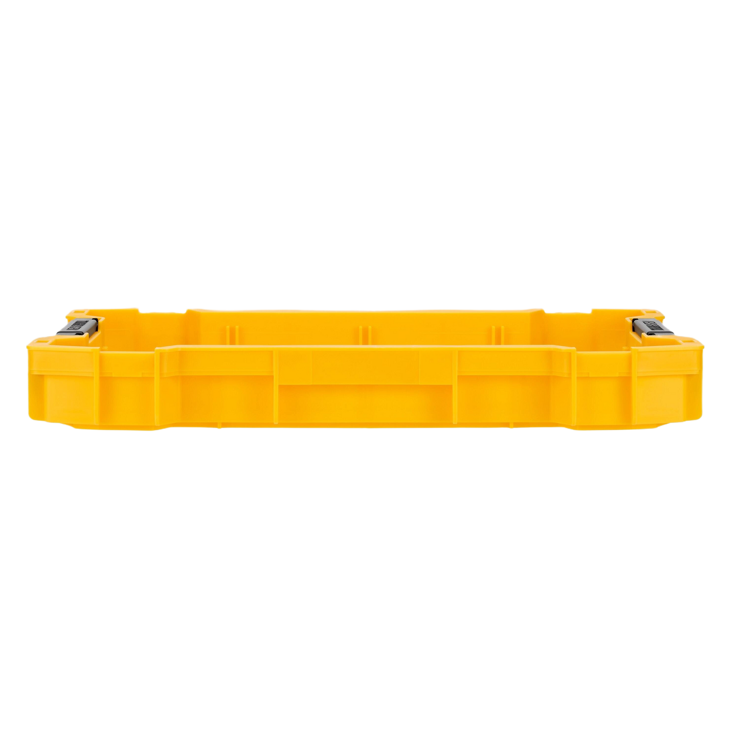 Yellow shallow plastic tool tray with black latches for jobsite organization and tool storage solutions